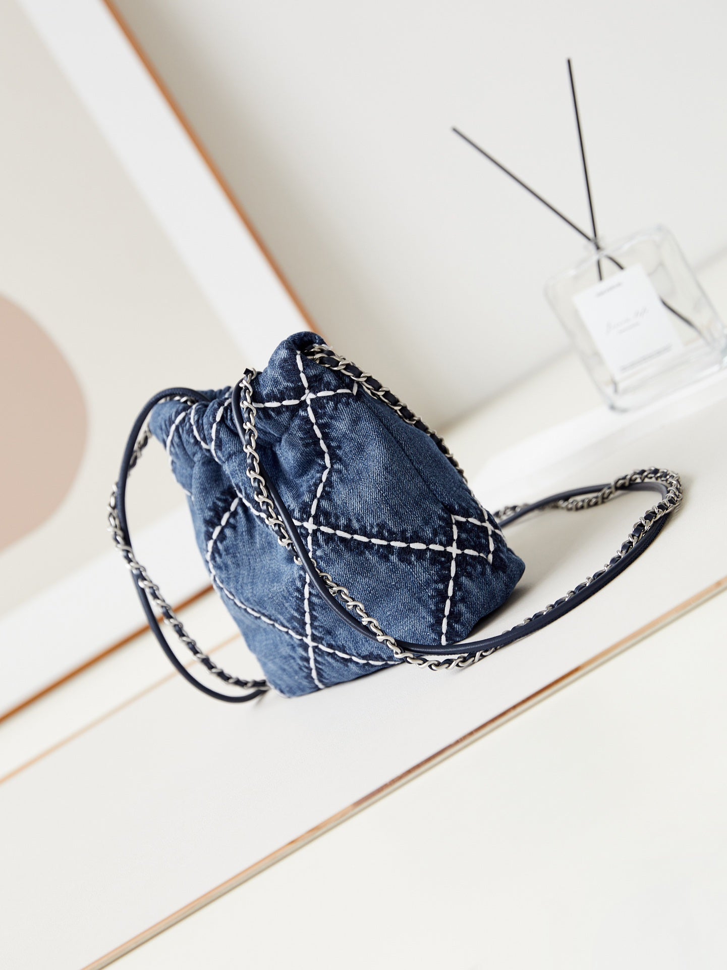 cc 22 mini backpack stitched blue denim silver hardware