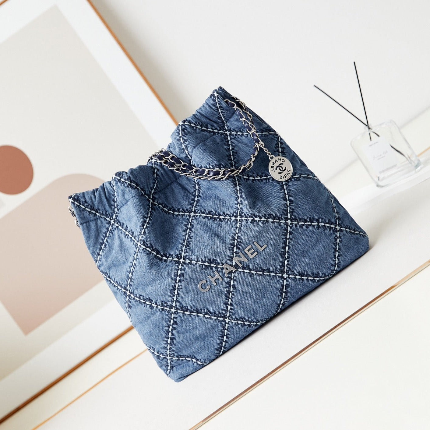 cc 22 hobo stitched blue denim silver hardware