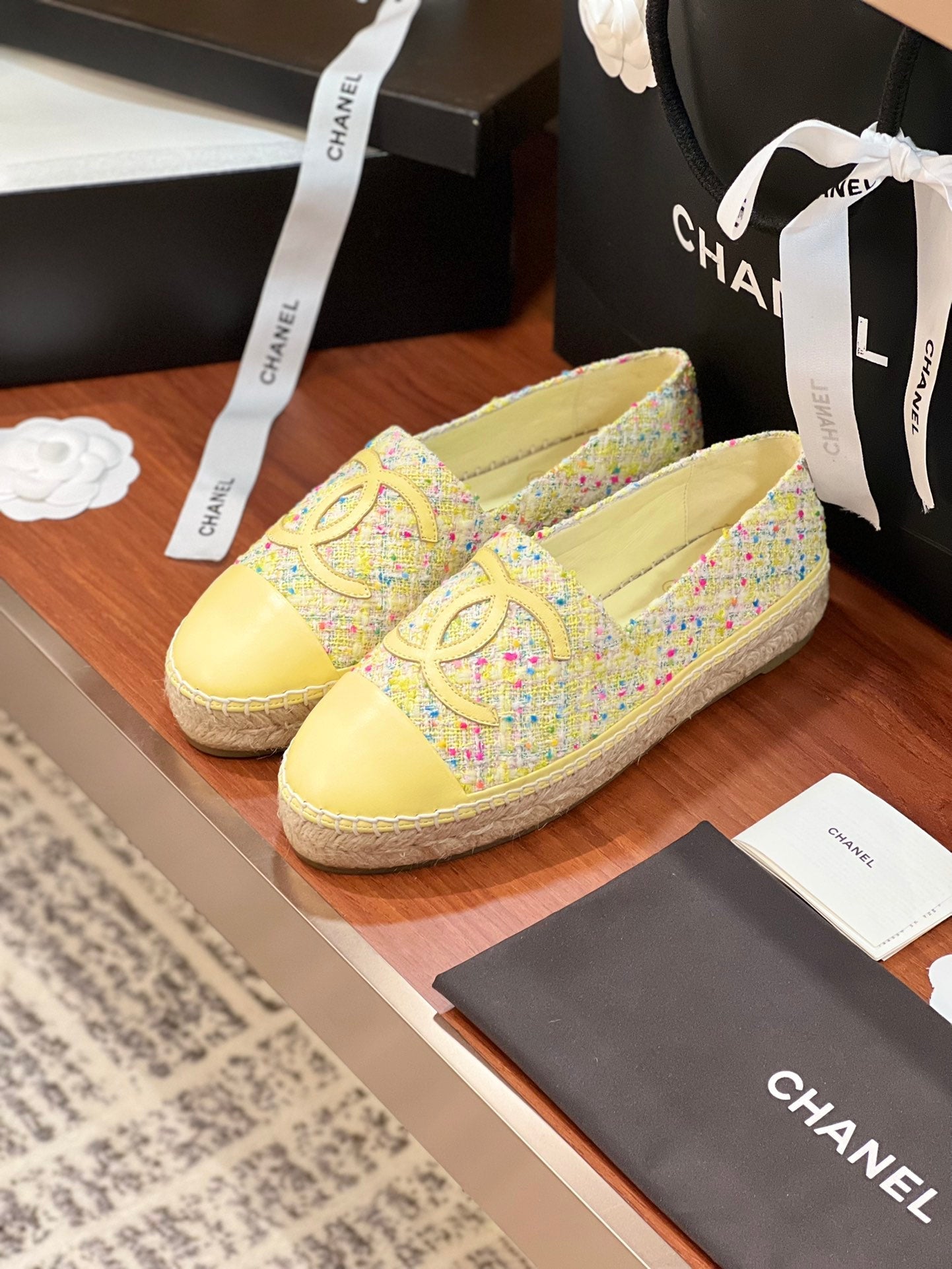 cc espadrilles multicolor tweed lime calfskin