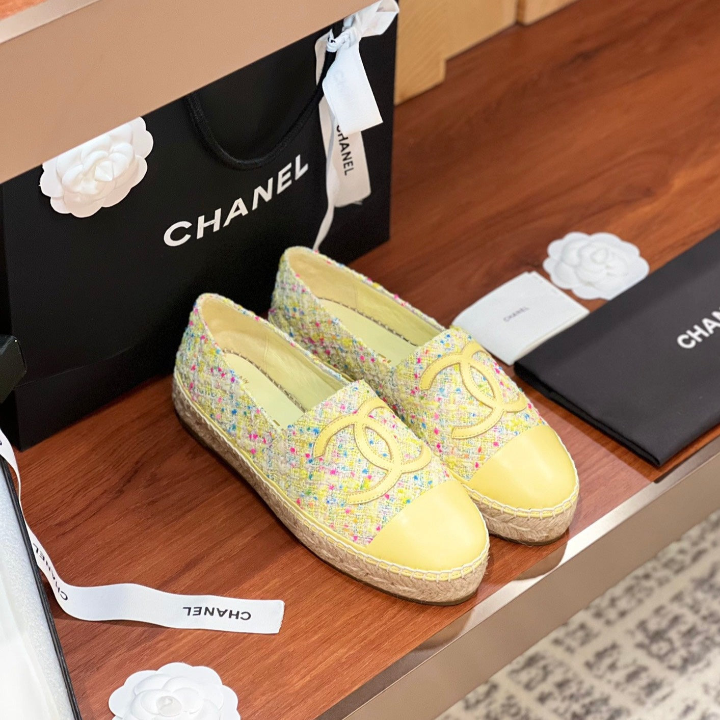 cc espadrilles multicolor tweed lime calfskin