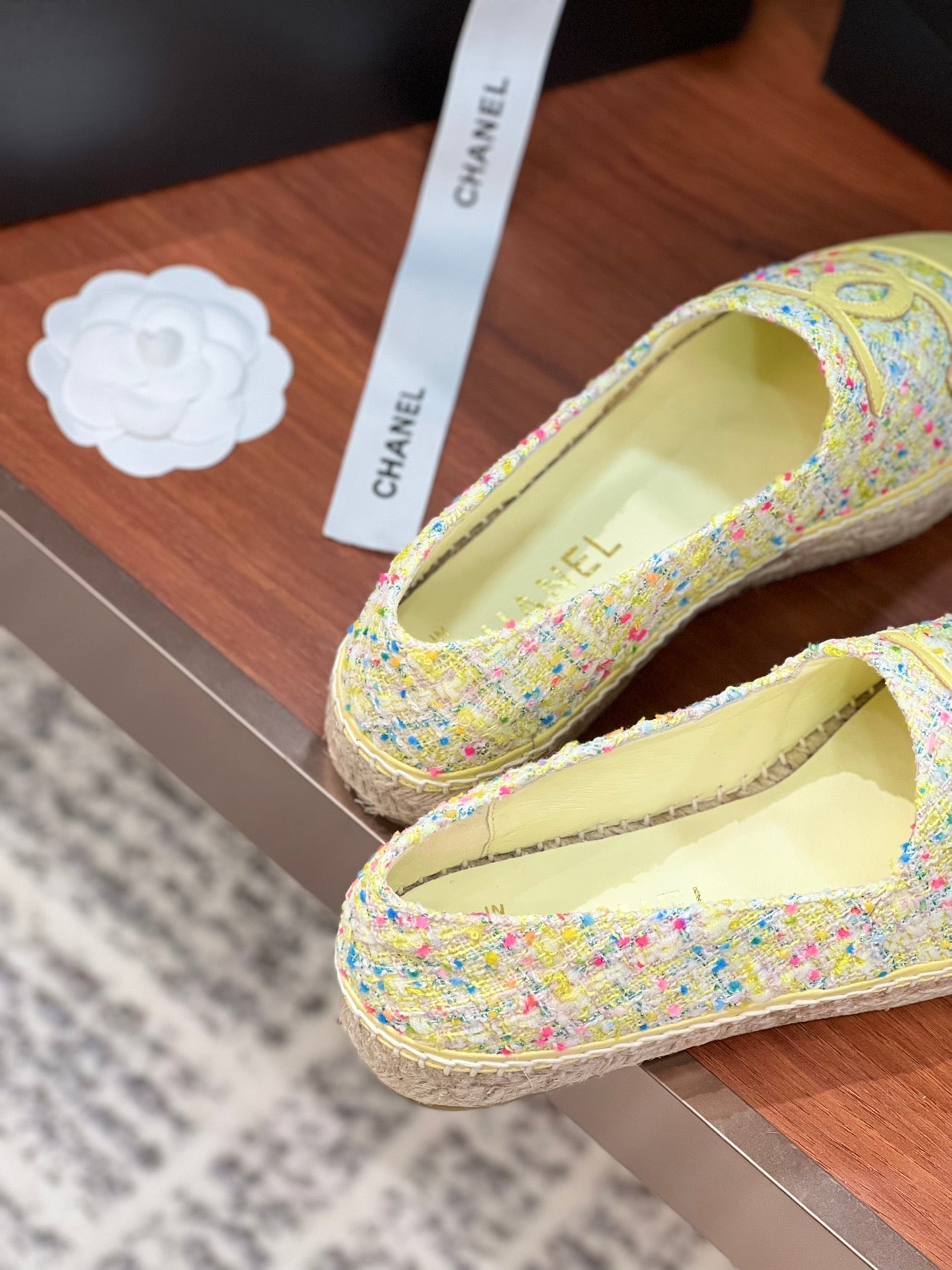 cc espadrilles multicolor tweed lime calfskin