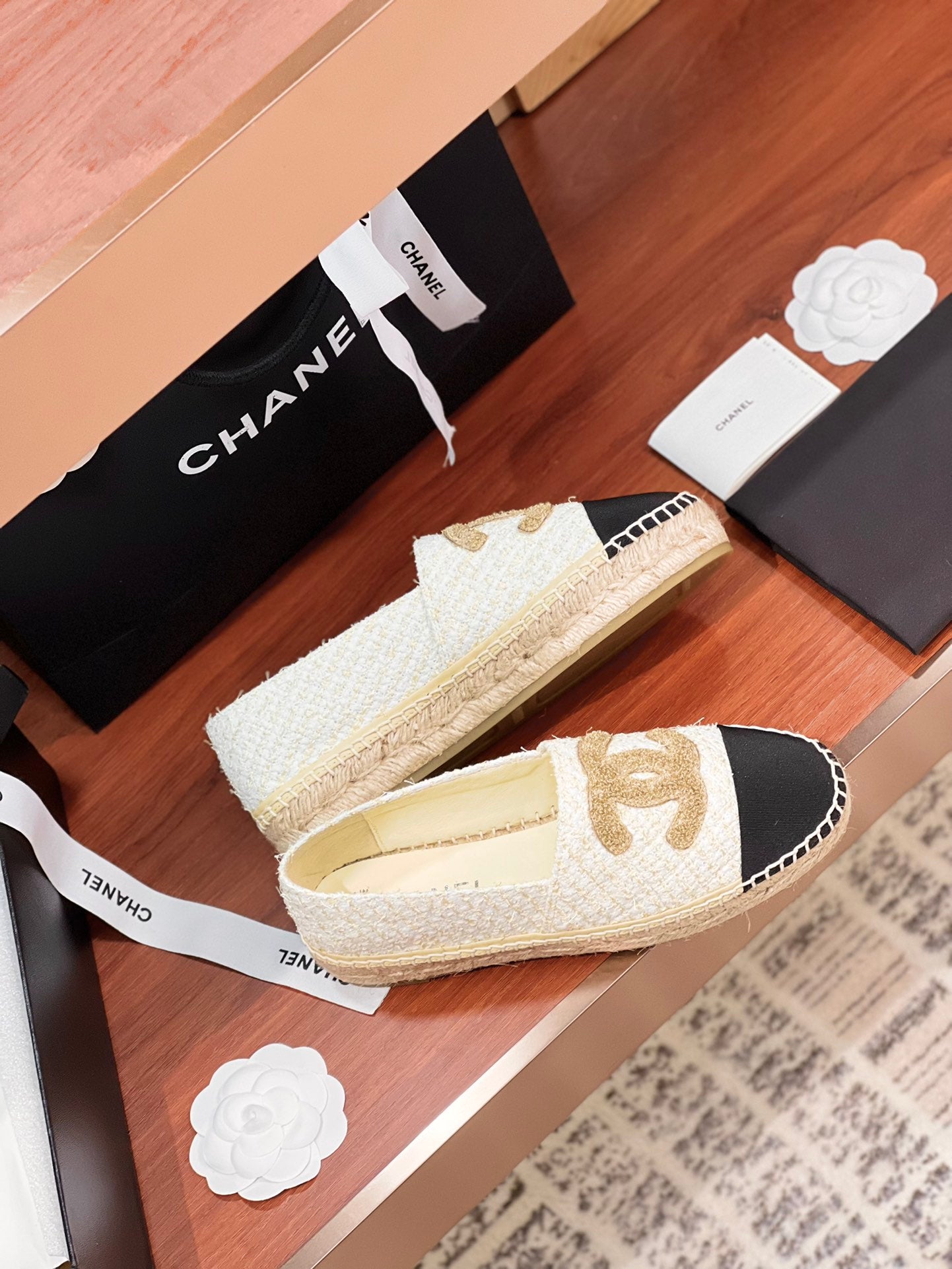 cc espadrilles gold white tweed black grosgrain