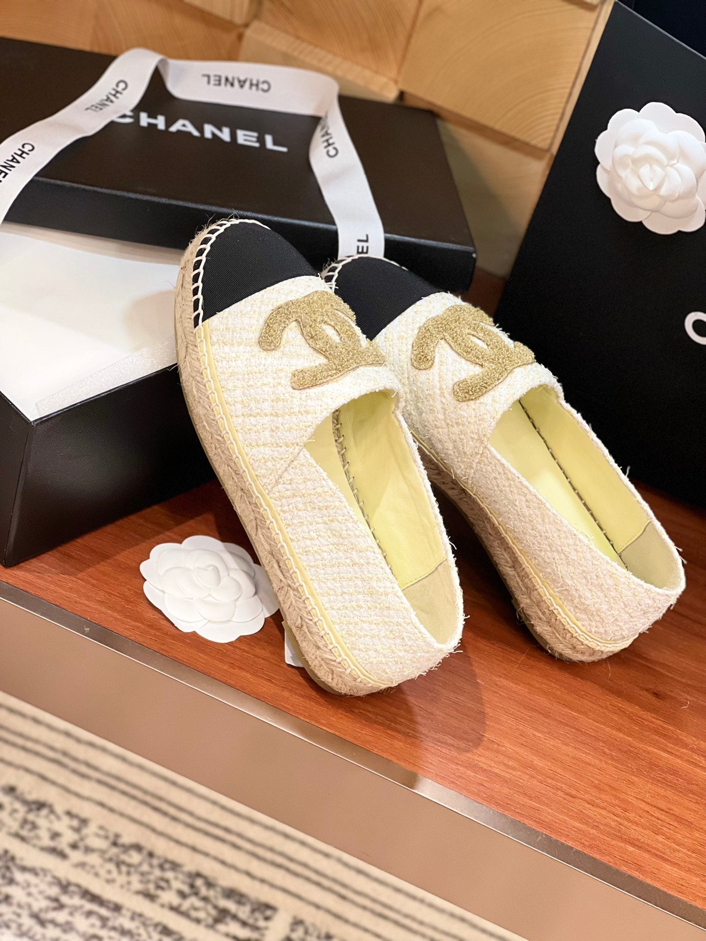 cc espadrilles gold white tweed black grosgrain