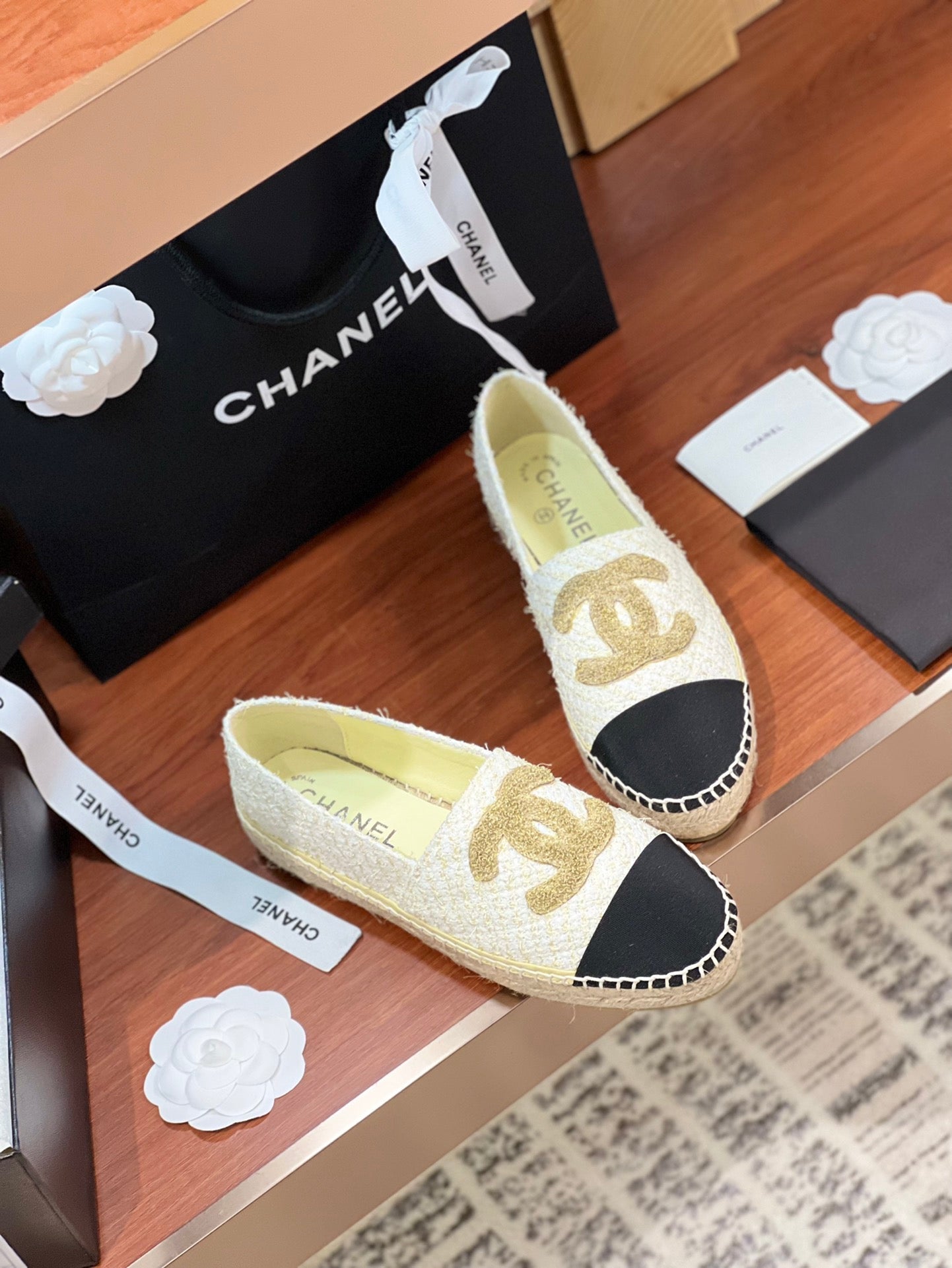 cc espadrilles gold white tweed black grosgrain