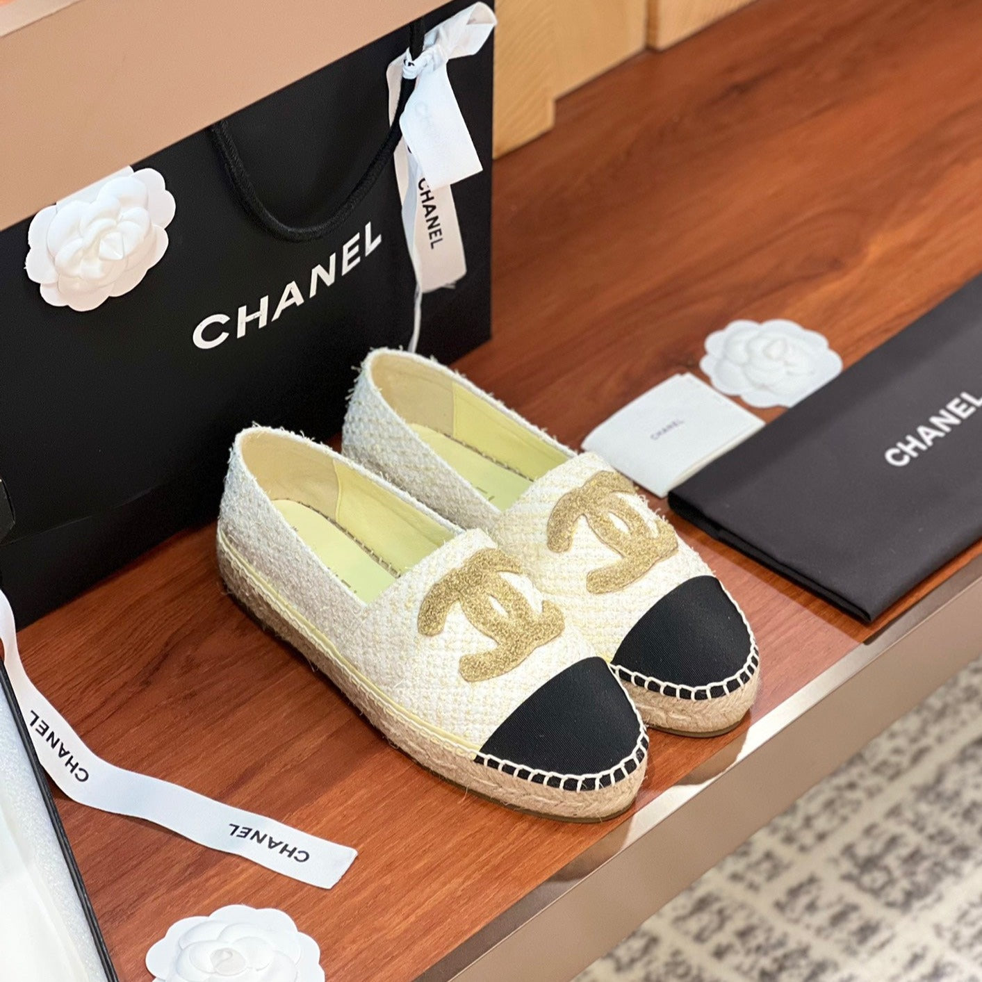 cc espadrilles gold white tweed black grosgrain