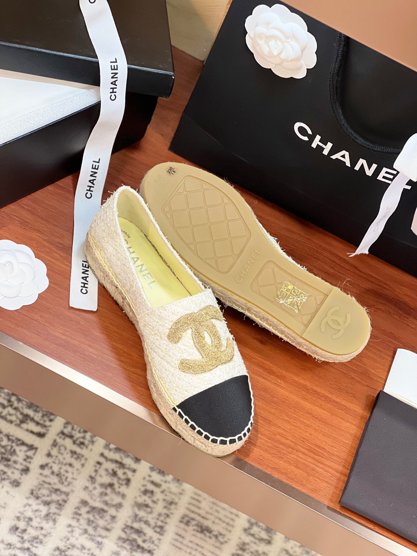 cc espadrilles gold white tweed black grosgrain