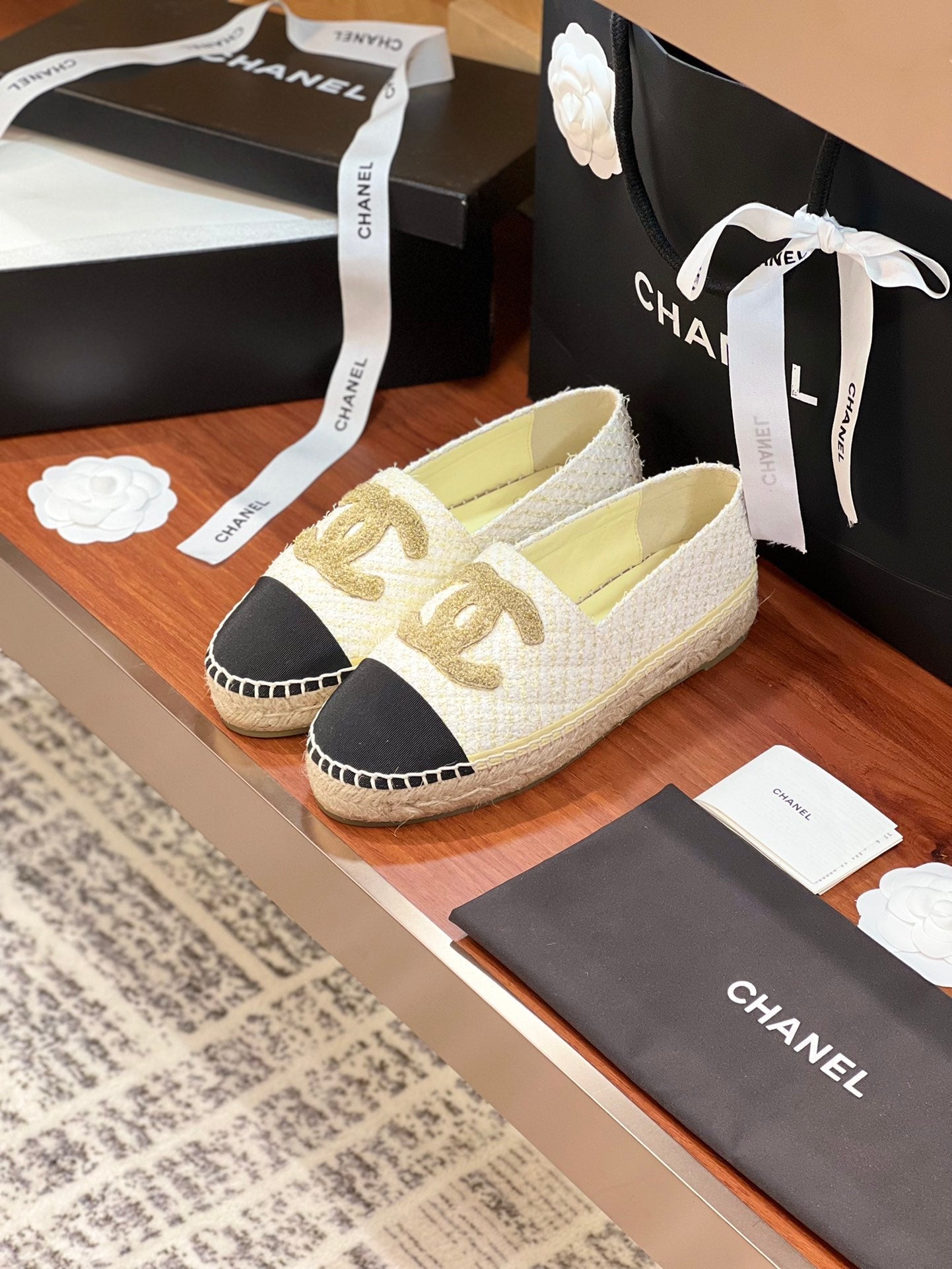 cc espadrilles gold white tweed black grosgrain