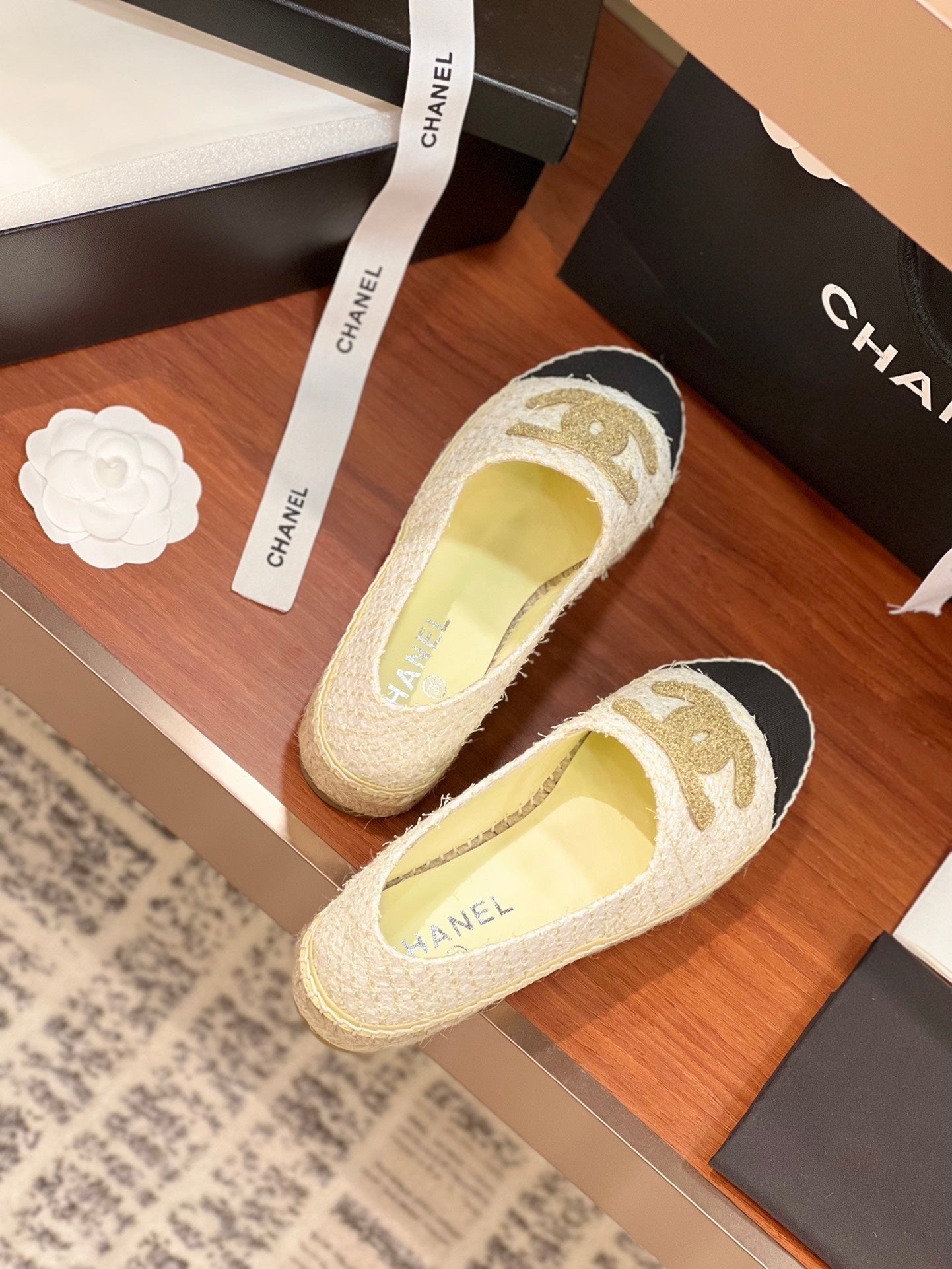 cc espadrilles gold white tweed black grosgrain