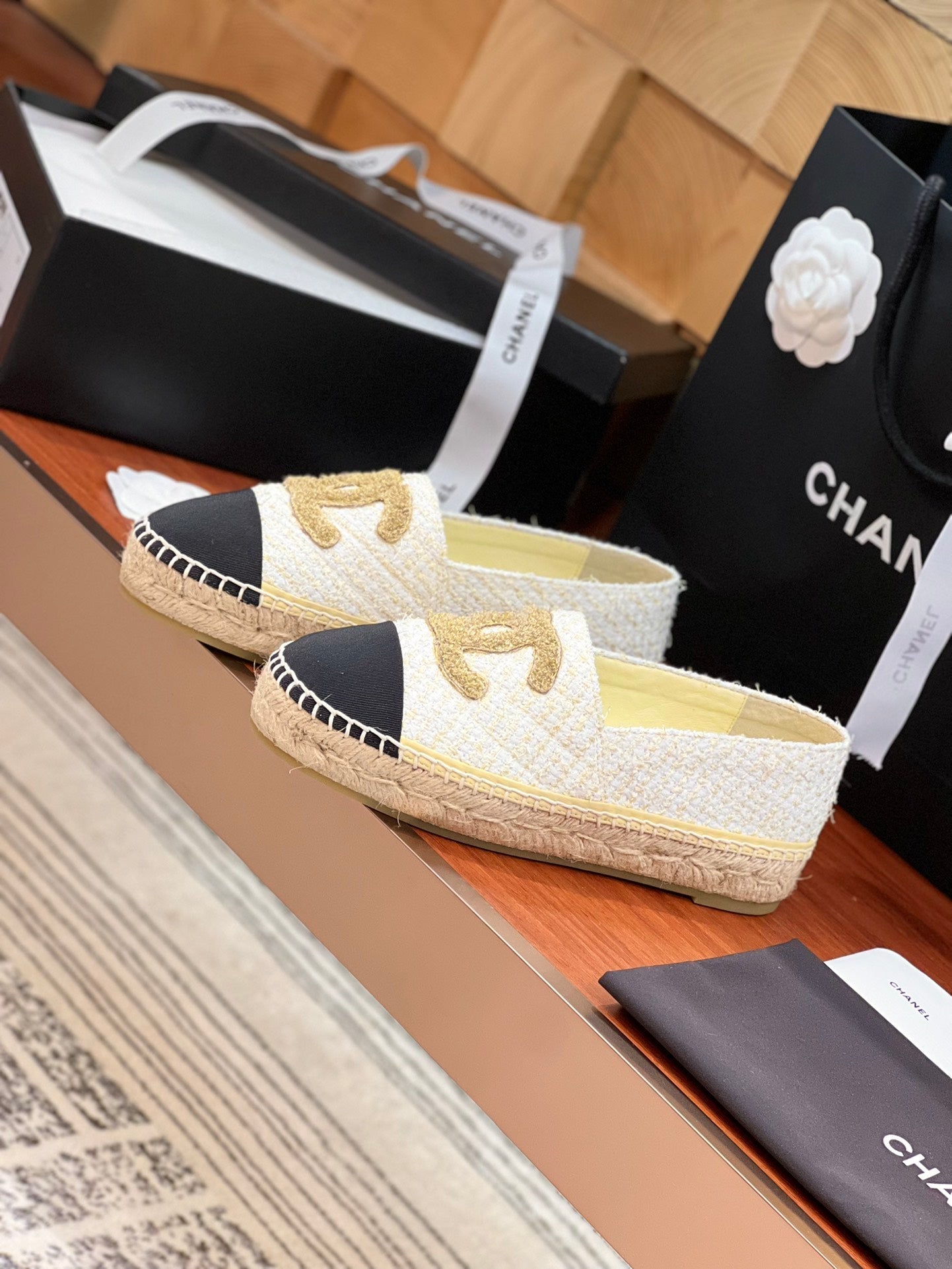 cc espadrilles gold white tweed black grosgrain