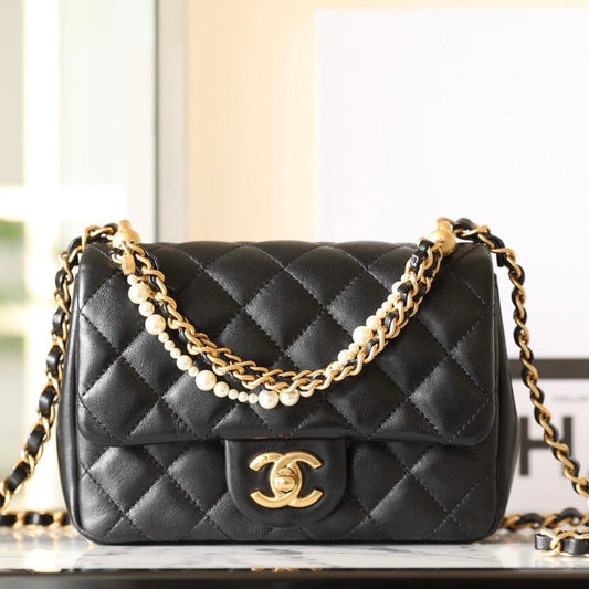 cc 24p mini flap bag 17cm black lambskin pearl chain