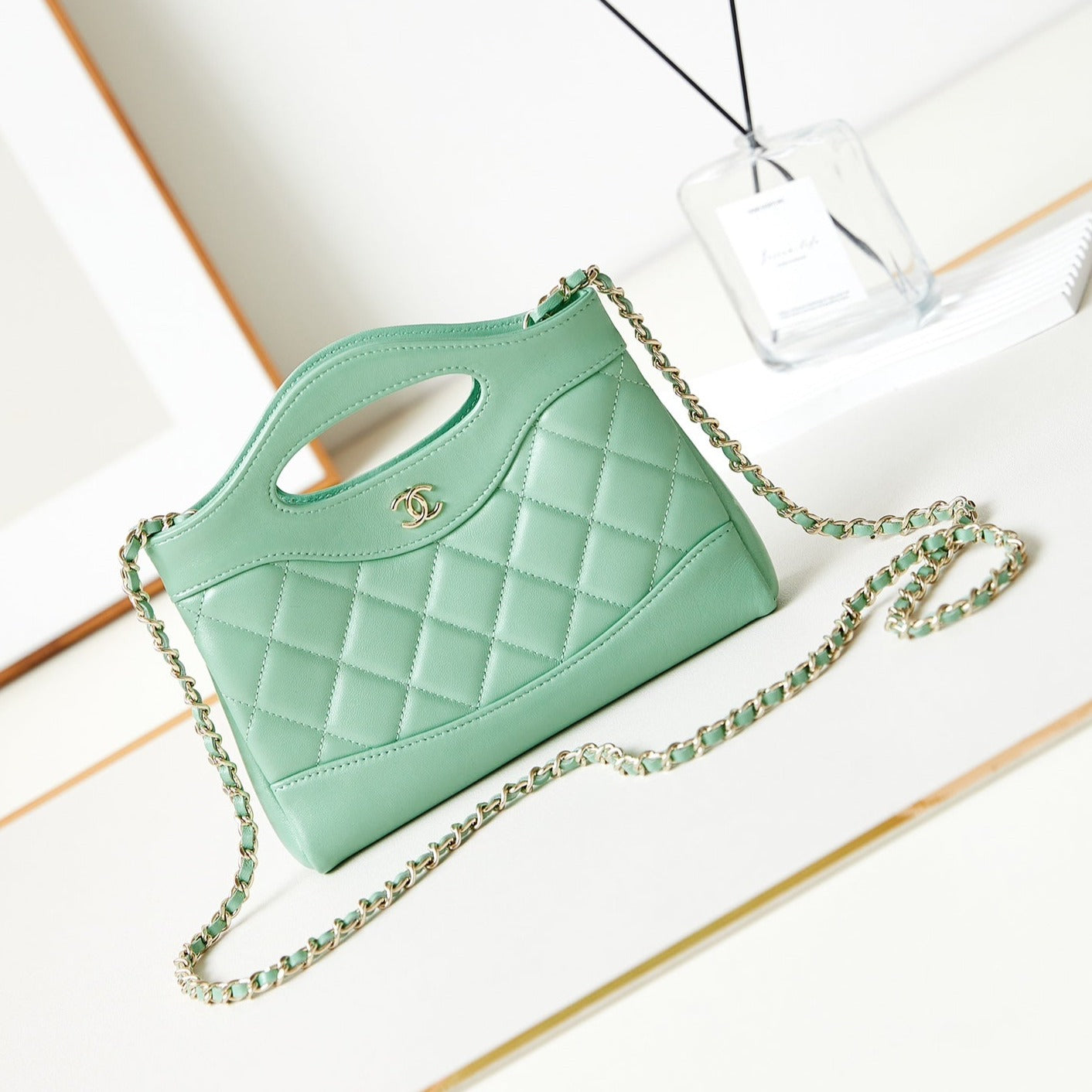 cc 24s31 nano shopping bag 17.5cm light green lambskin gold hardware