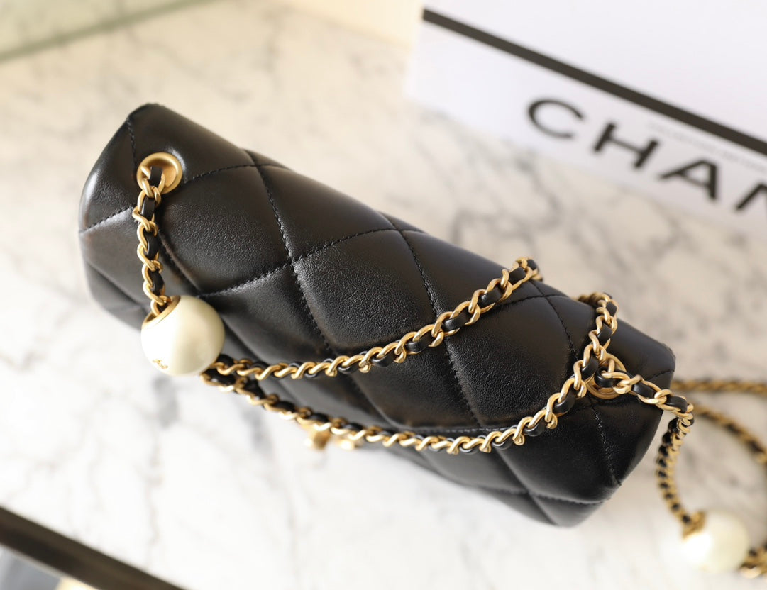 cc 24s mini flap bag 20cm black lambskin pearl ball