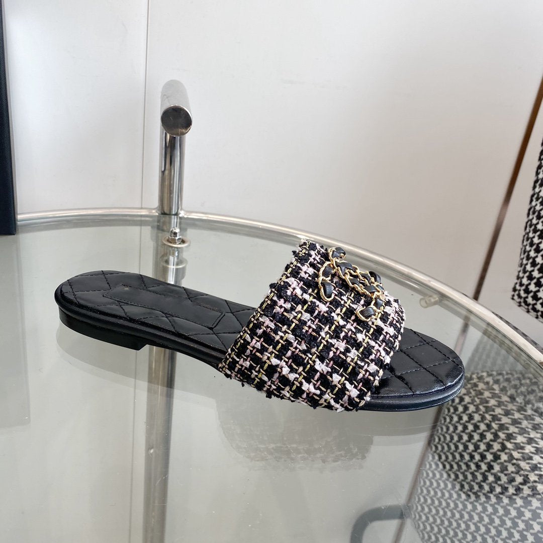 mule sandal black white tweed calfskin