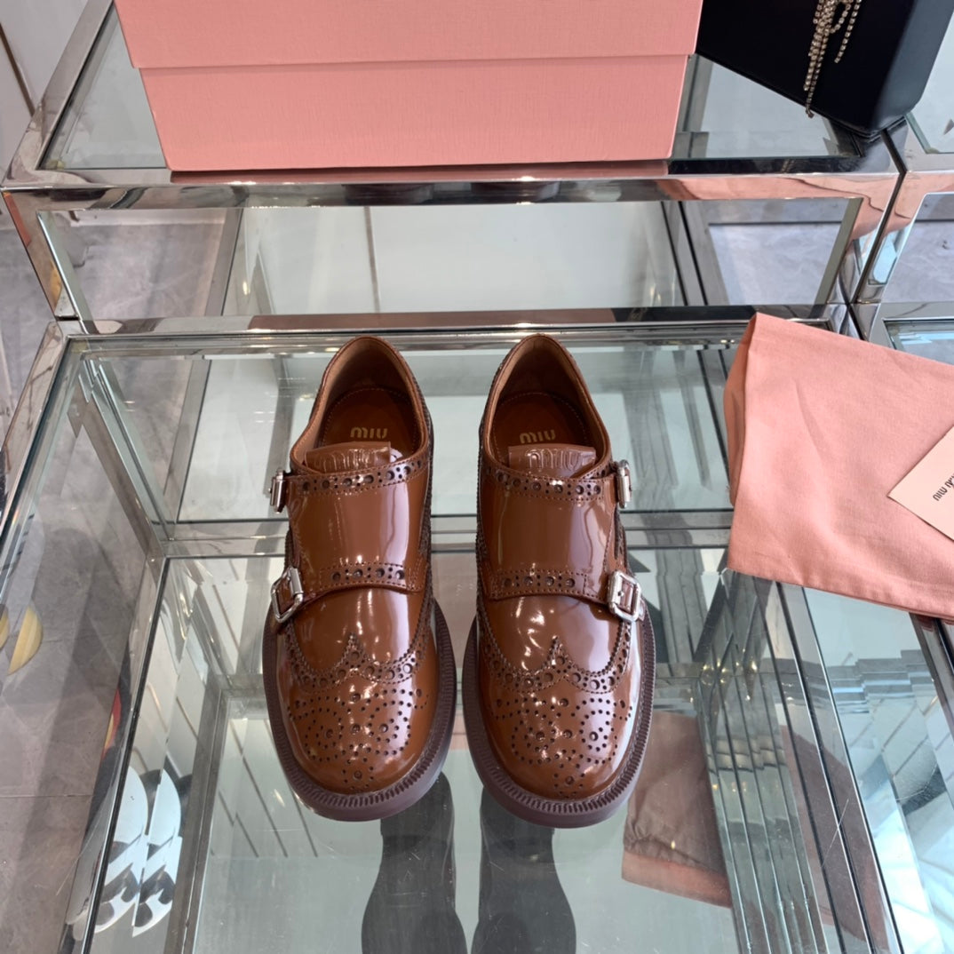 miu double monk brogue brown patent calfskin