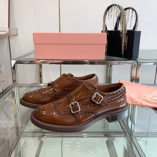 miu double monk brogue brown patent calfskin