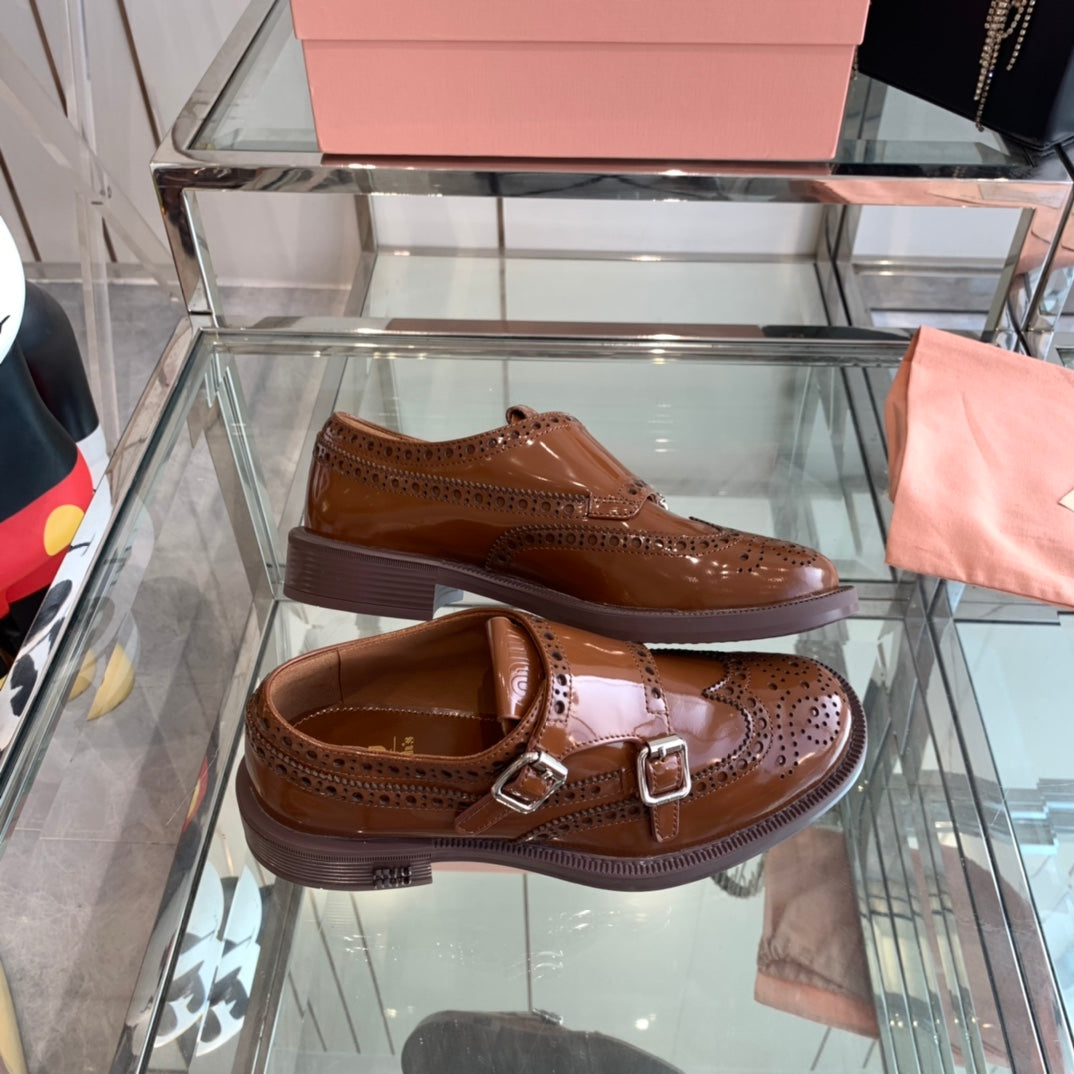 miu double monk brogue brown patent calfskin