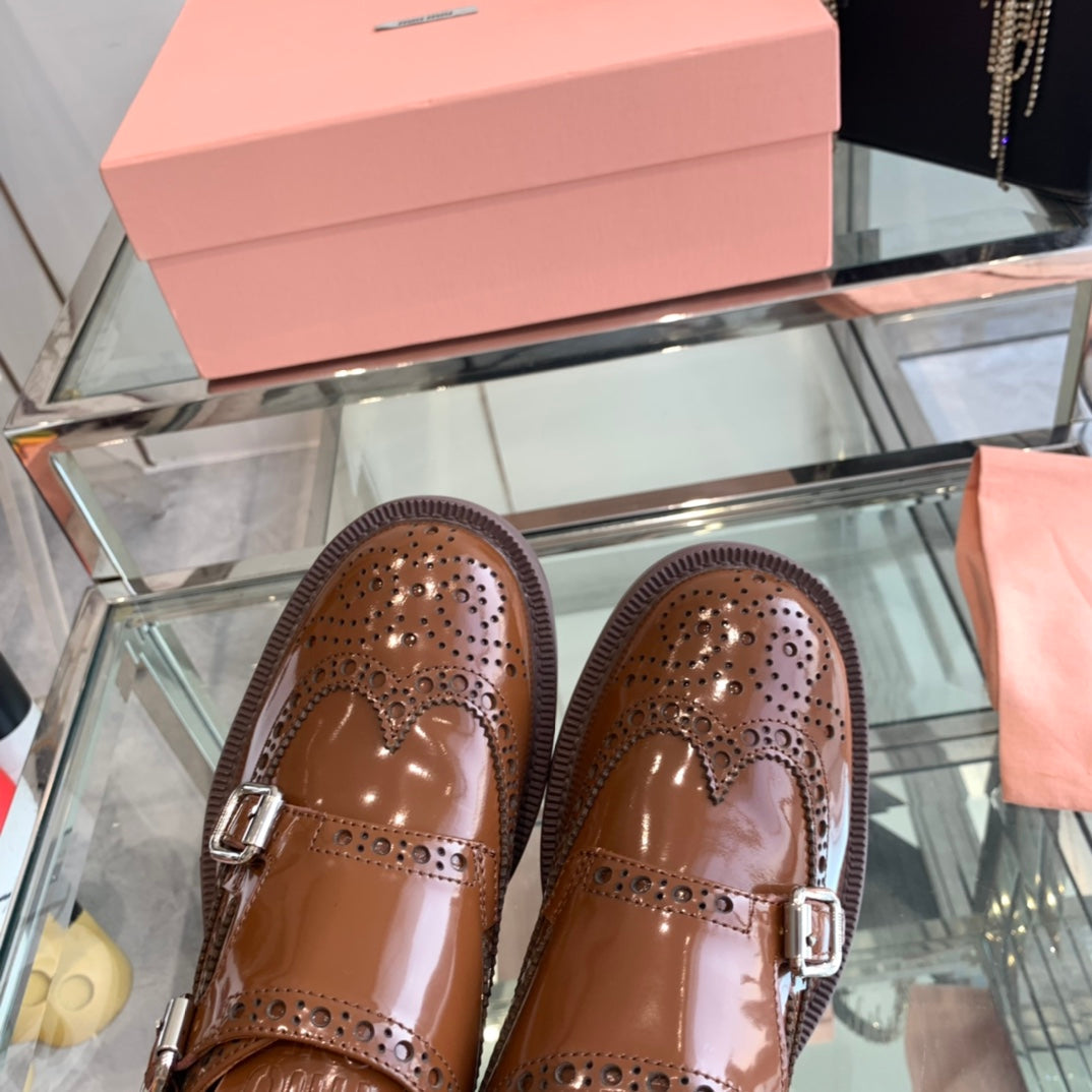 miu double monk brogue brown patent calfskin