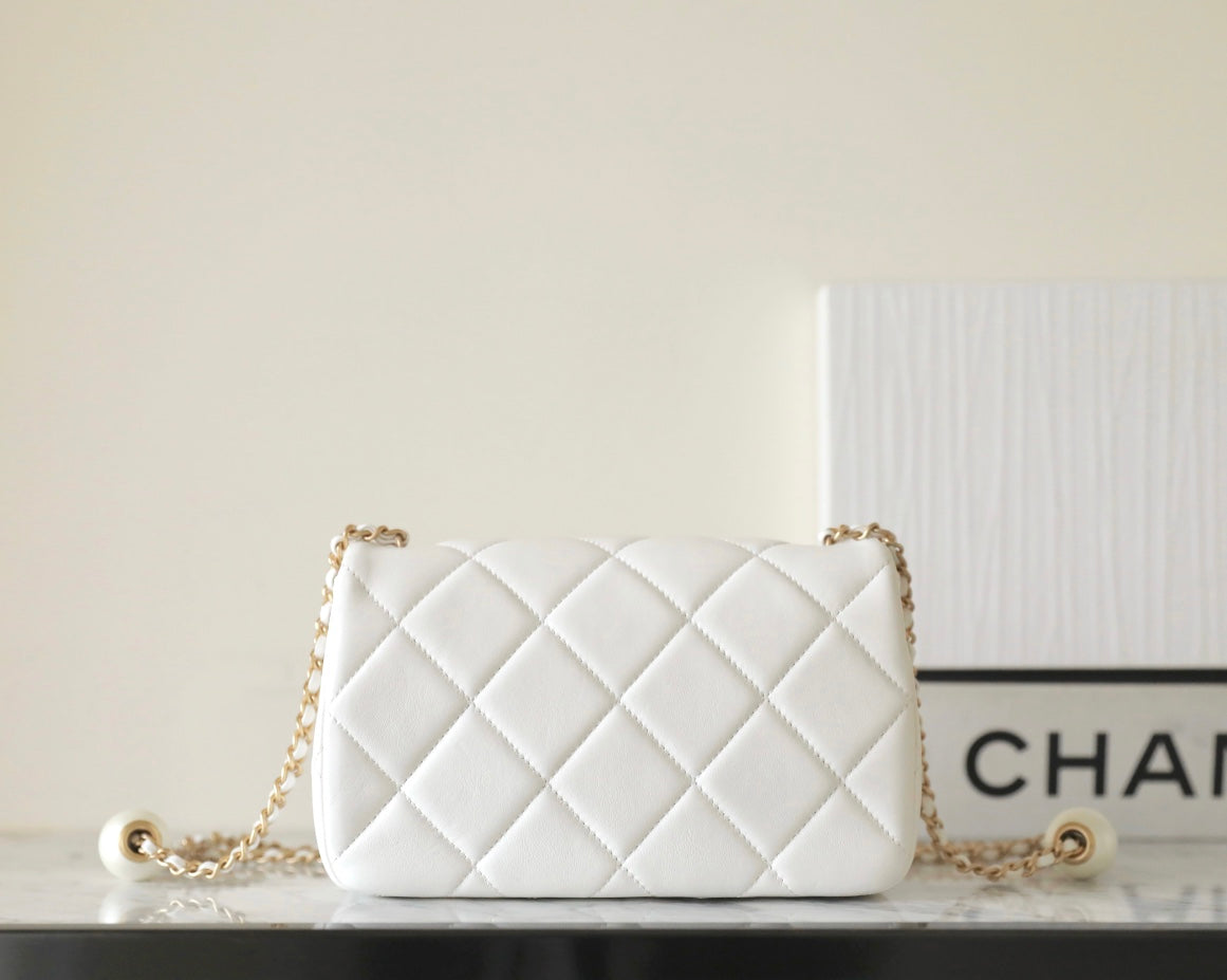 cc 24s mini flap bag 20cm white lambskin pearl ball