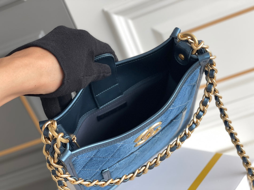 cc 24s 24cm hobo bag blue denim gold hardware