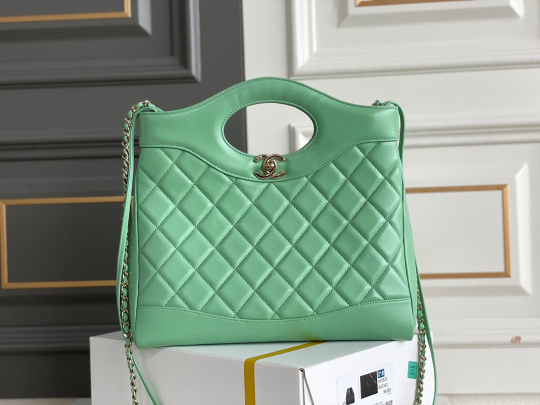 cc 24s31 shopping bag 30cm light green lambskin silver hardware