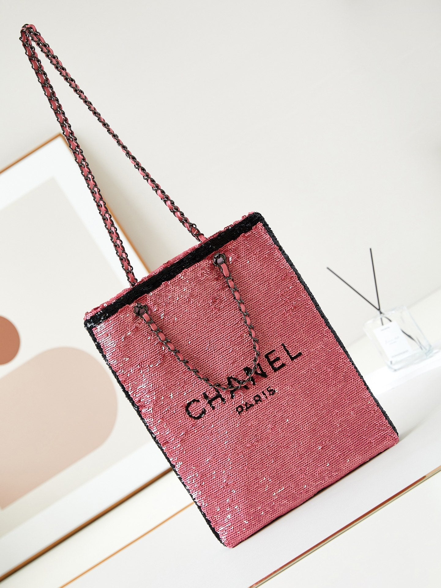 cc 24s31 shopping bag dark pink black sequins black hardware