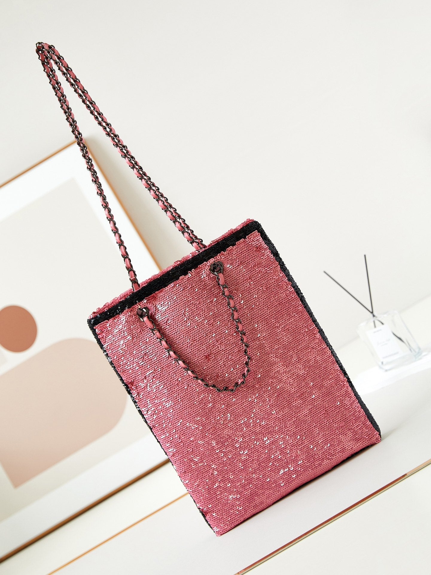 cc 24s31 shopping bag dark pink black sequins black hardware