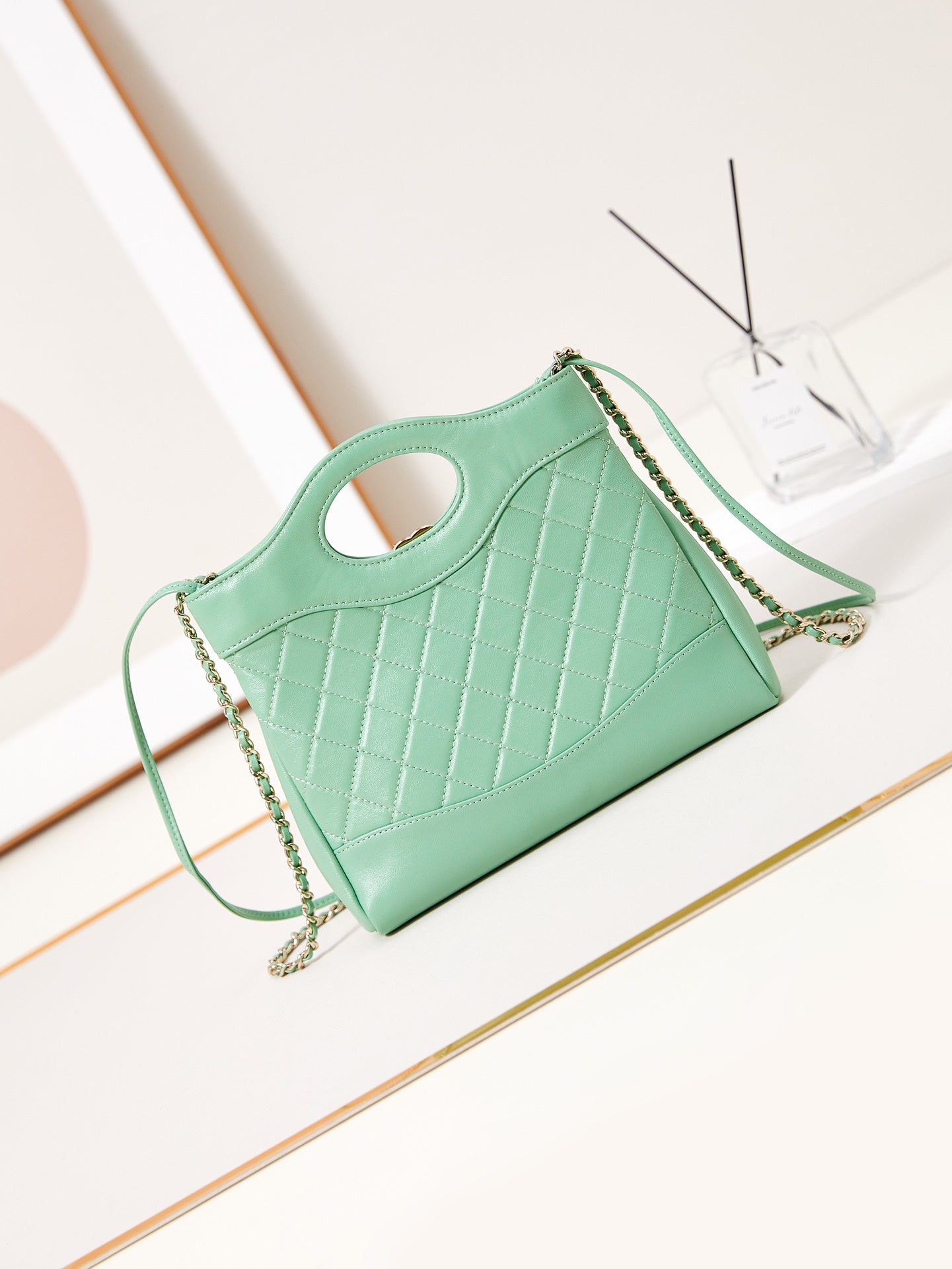 cc 24s31 mini shopping bag 22cm light green lambskin gold hardware