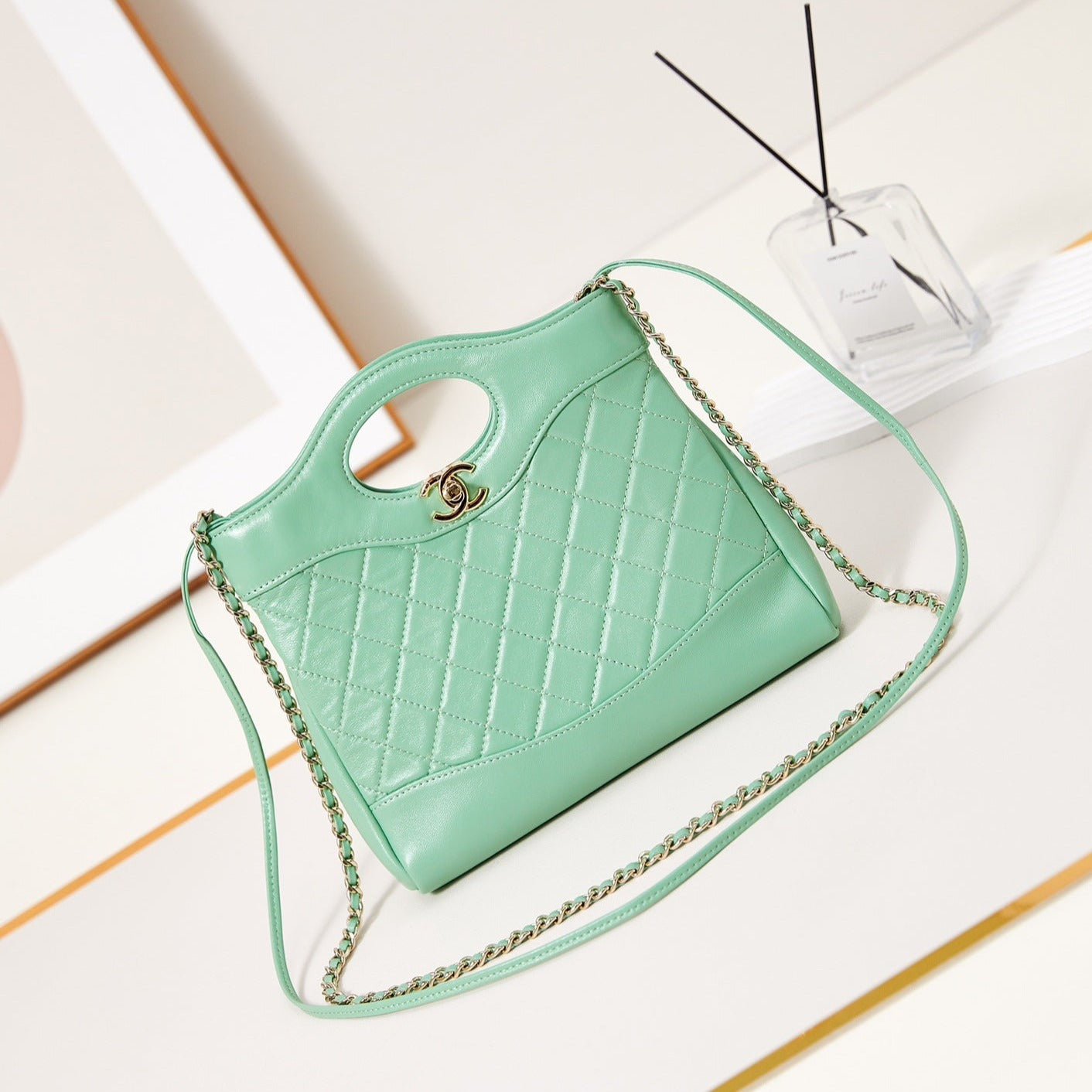 cc 24s31 mini shopping bag 22cm light green lambskin gold hardware