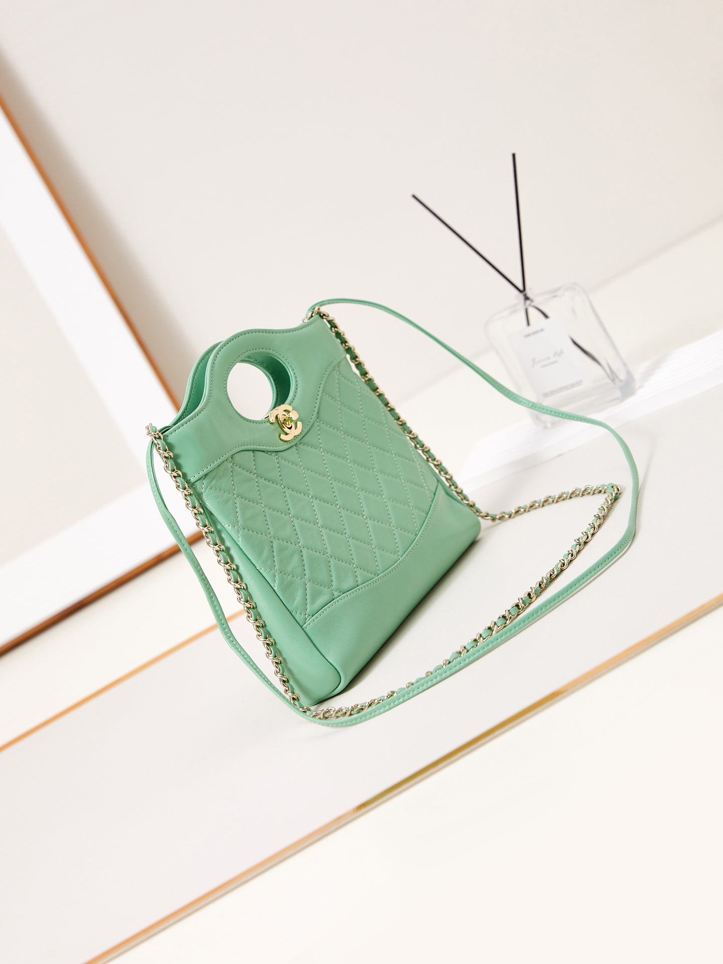 cc 24s31 mini shopping bag 22cm light green lambskin gold hardware