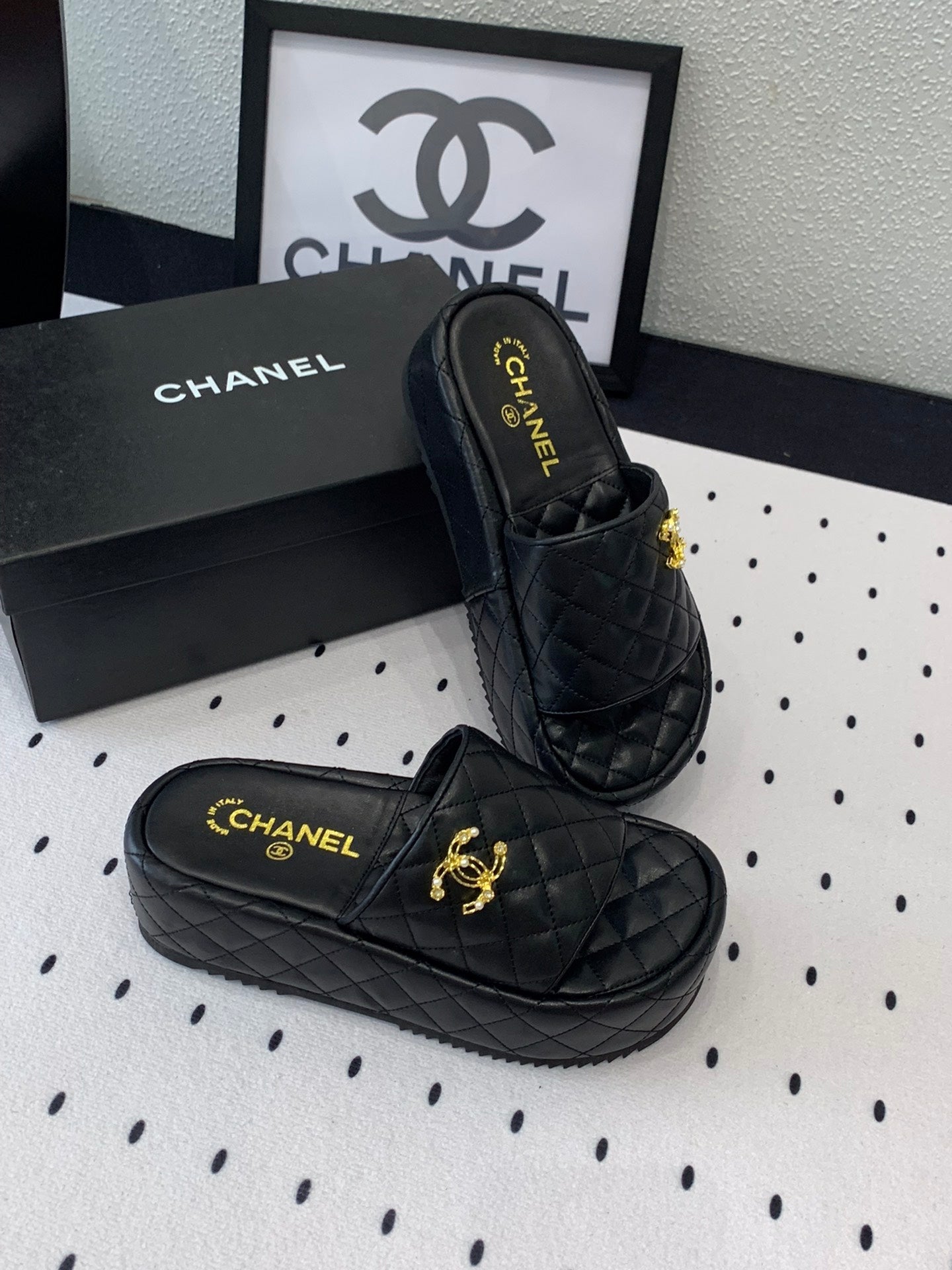 cc black quilted calfskin platform