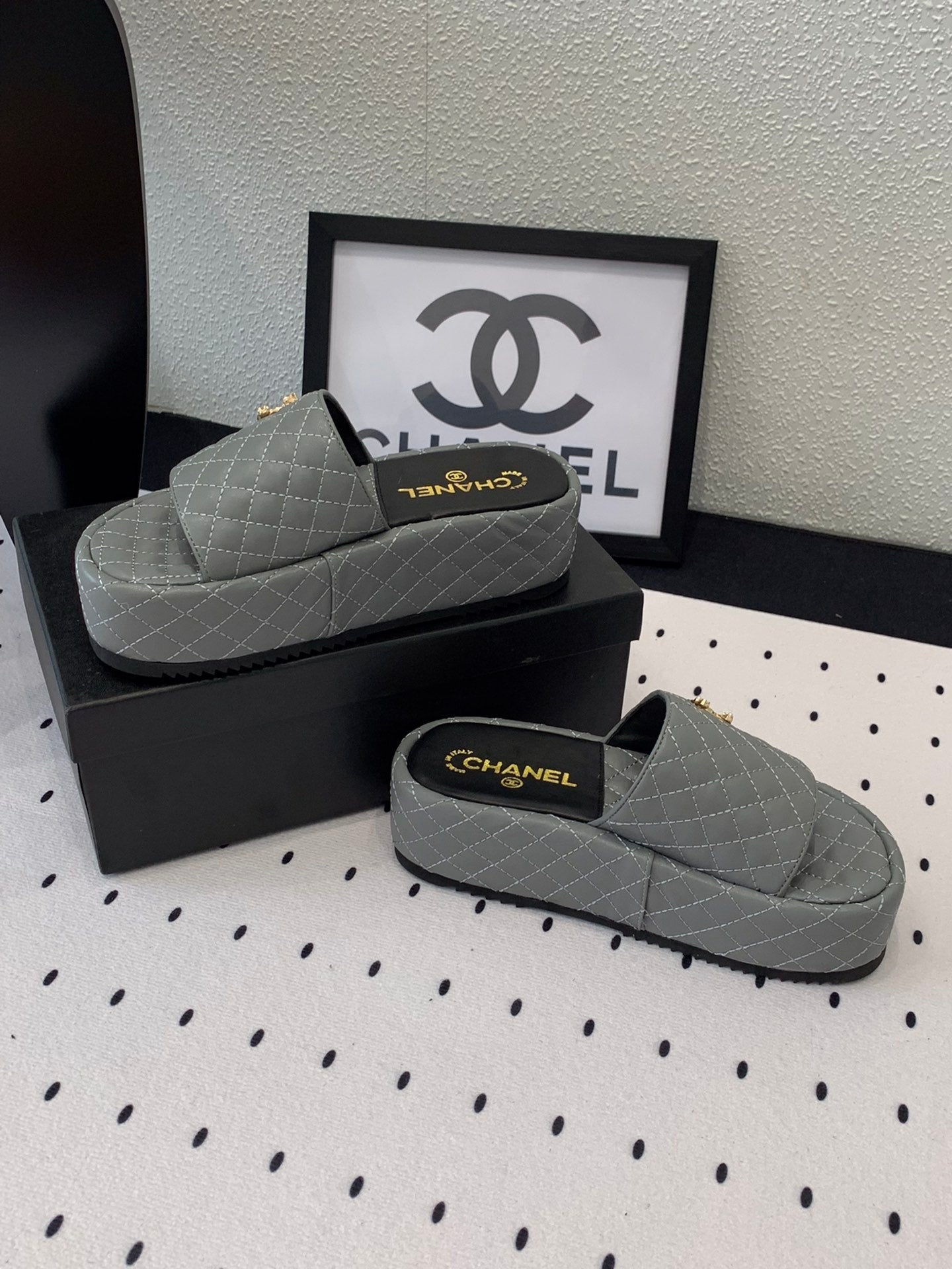 cc rock gray quilted calfskin platform