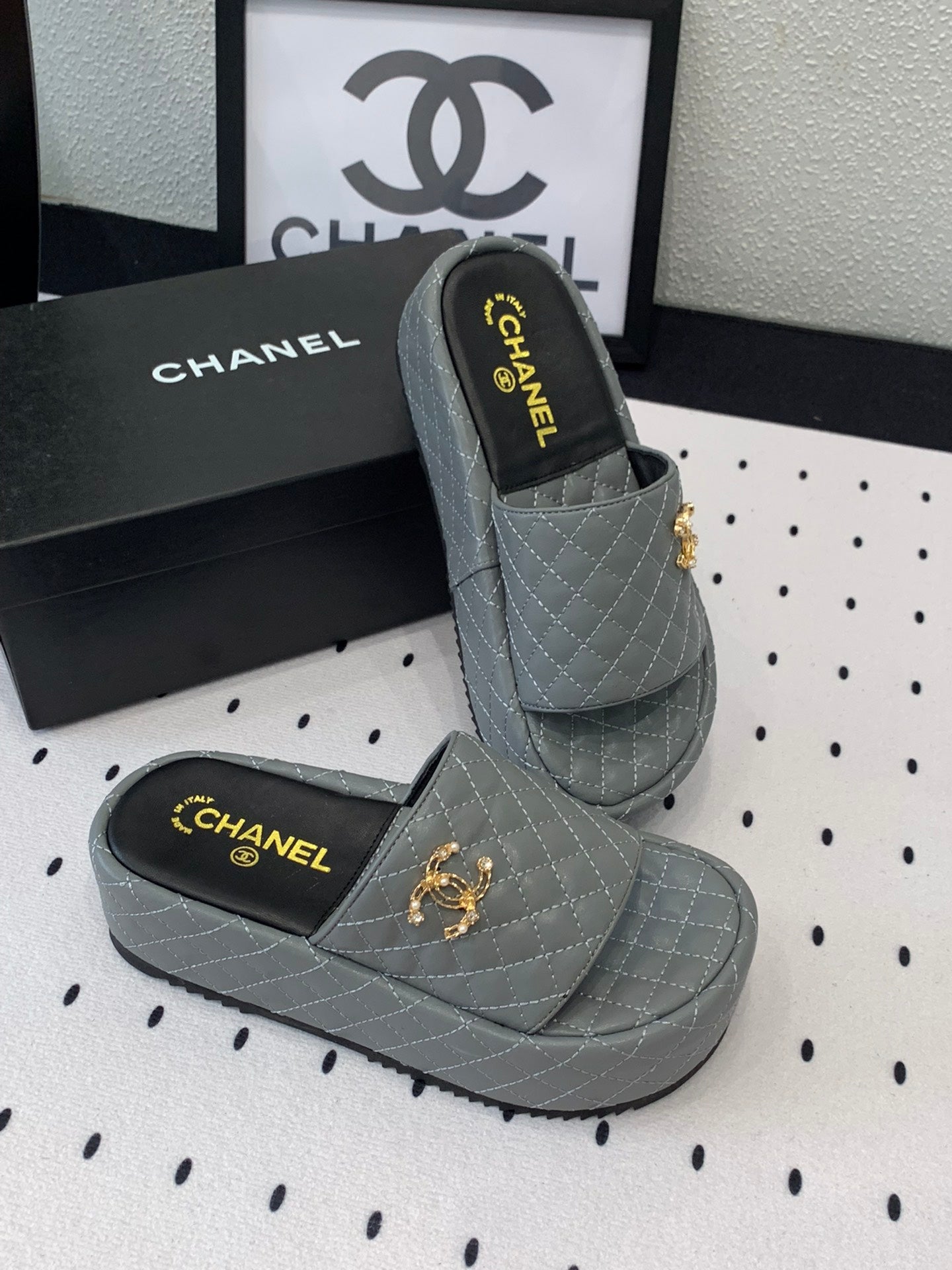 cc rock gray quilted calfskin platform