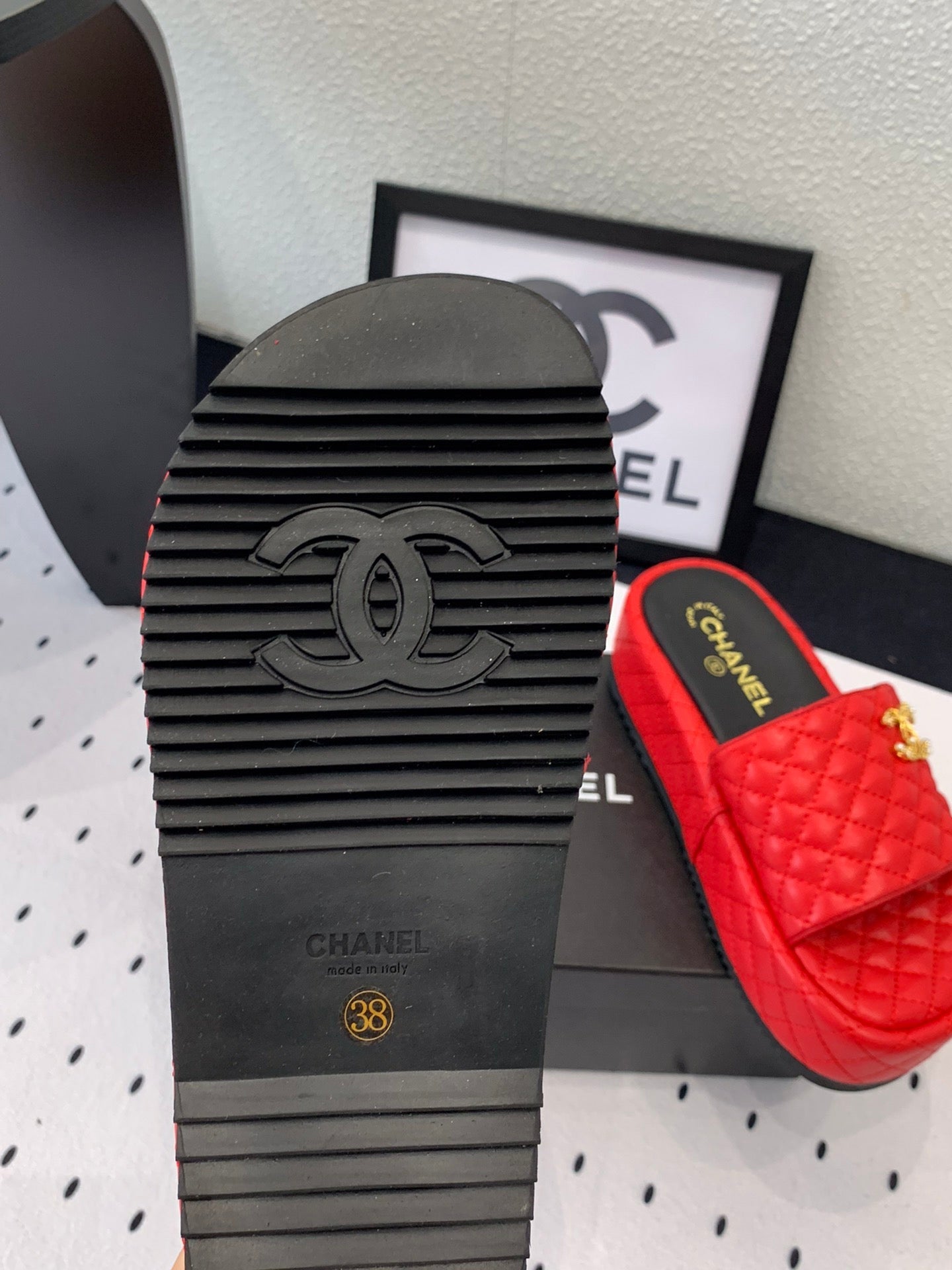 cc red quilted calfskin platform