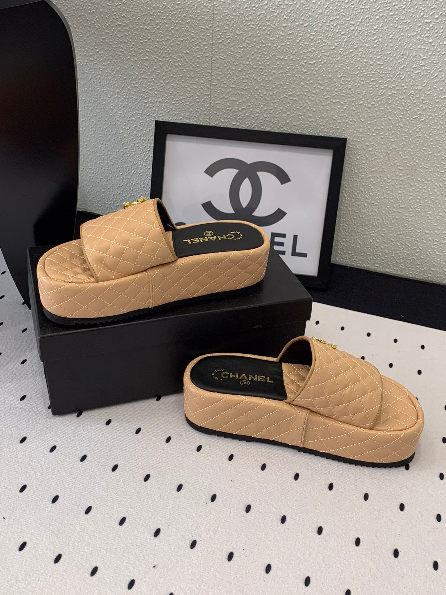 cc beige quilted calfskin platform