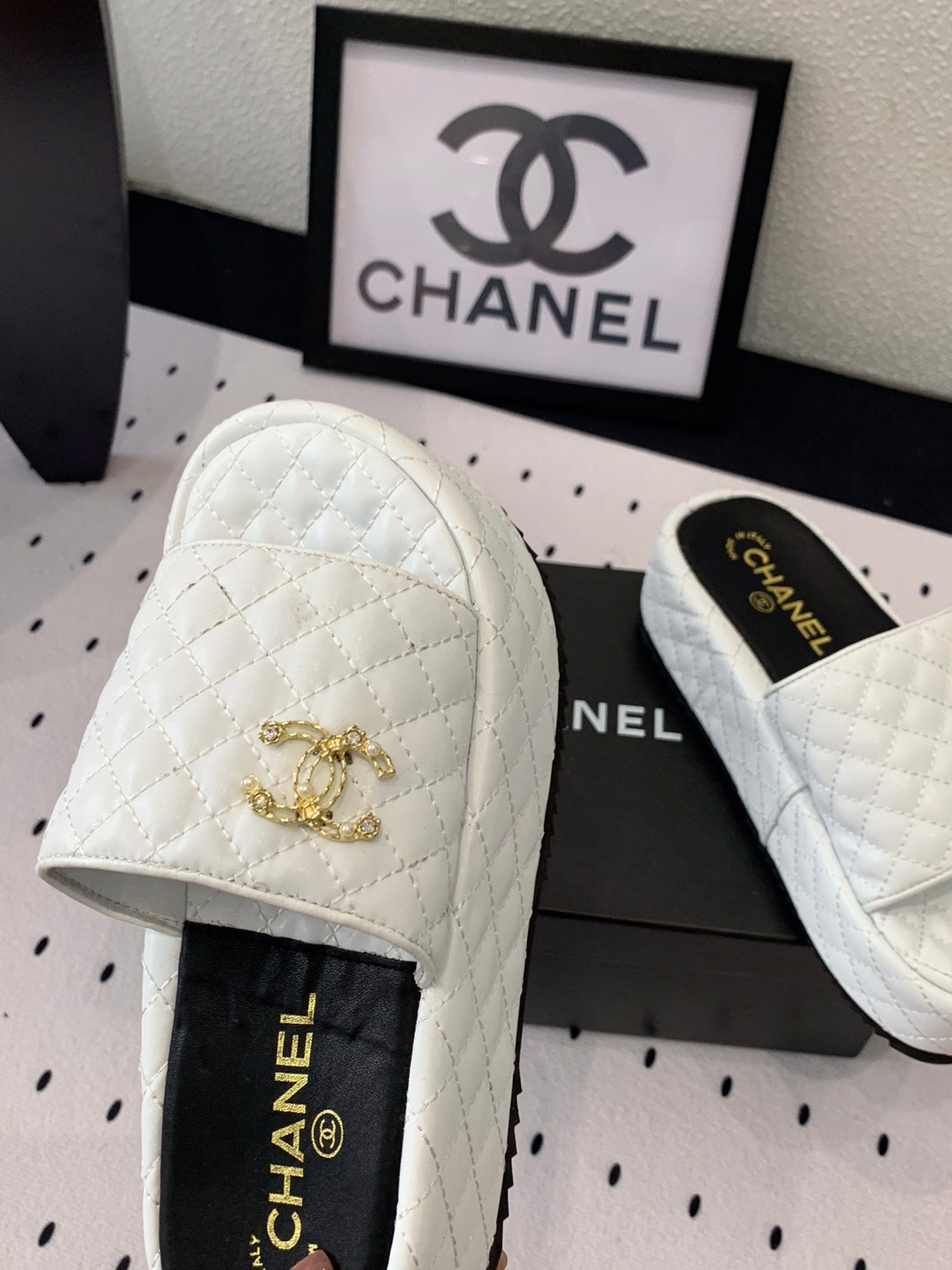 cc white quilted calfskin platform