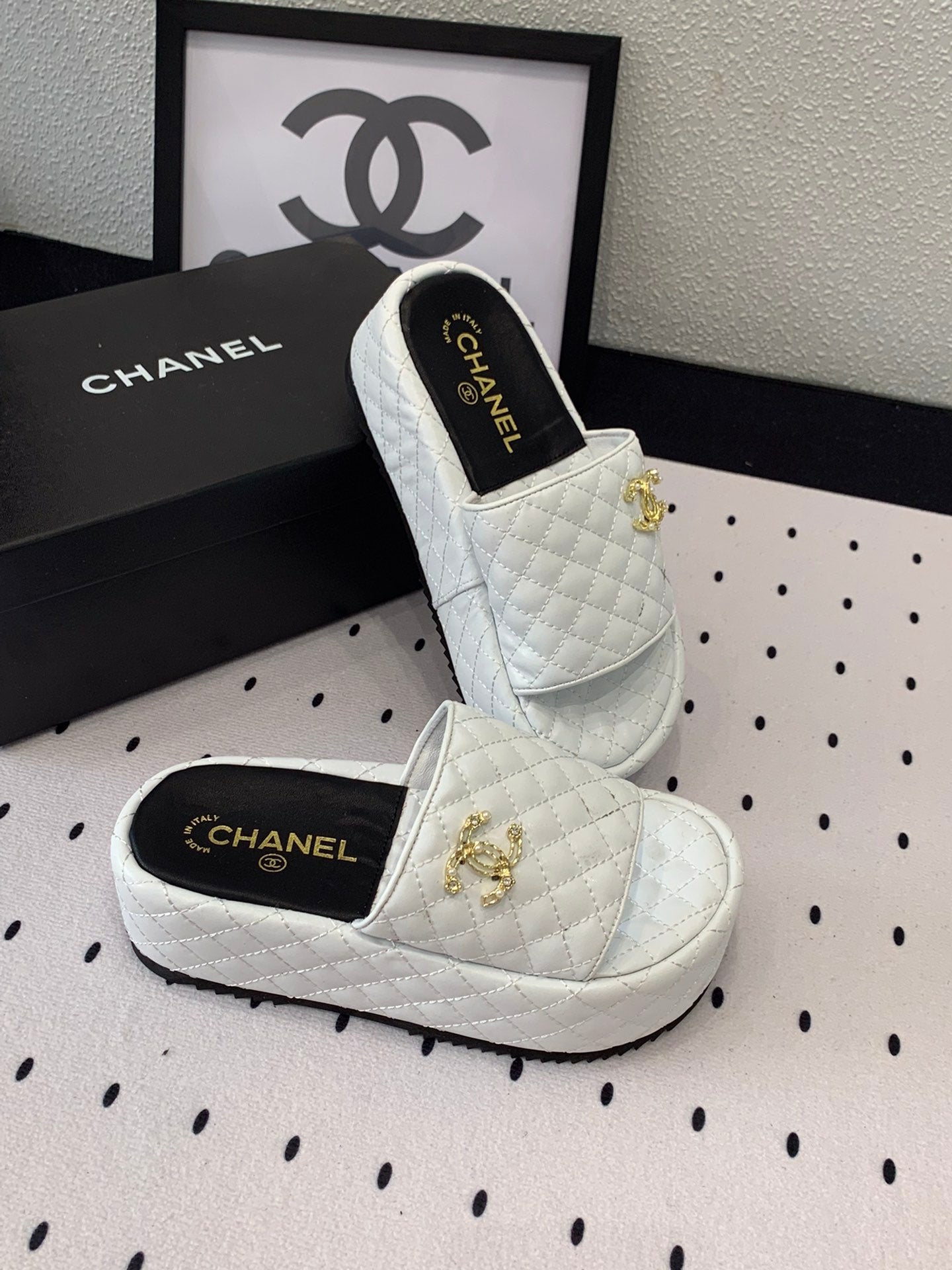 cc white quilted calfskin platform