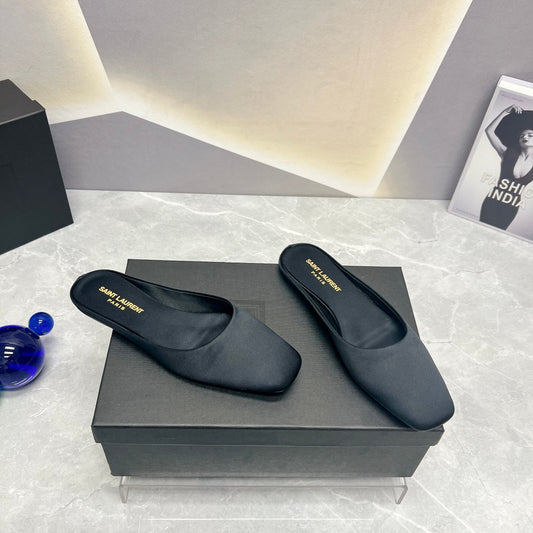 SL SQUARE TOE FLAT MULES BLACK SATIN