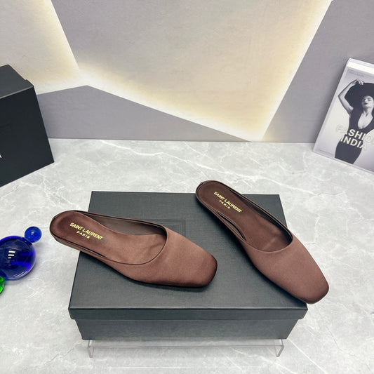 SL SQUARE TOE FLAT MULES BROWN SATIN