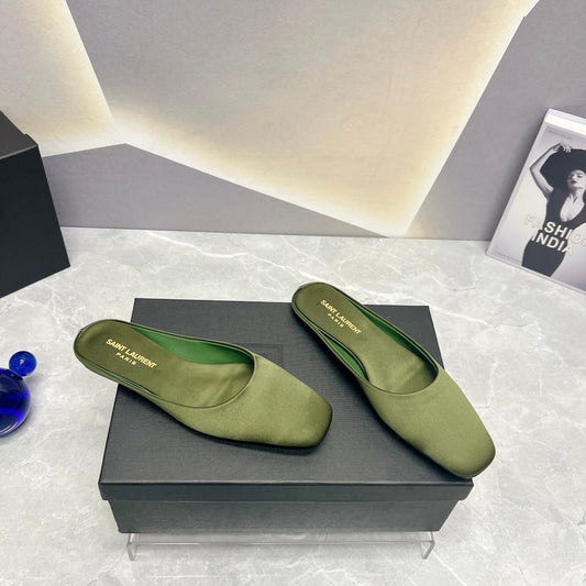 SL SQUARE TOE FLAT MULES MOSS SATIN