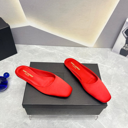 SL SQUARE TOE FLAT MULES RED SATIN