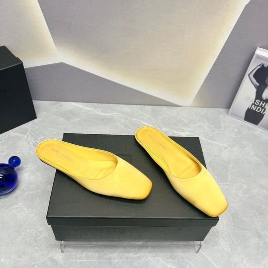 SL SQUARE TOE FLAT MULES LEMON SATIN