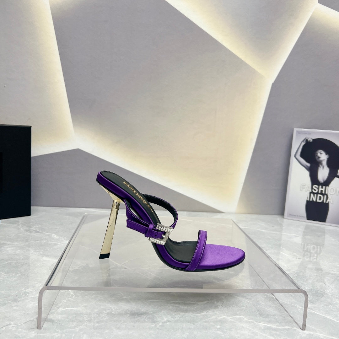 SL CRYSTAL BUCKLE HIGH HEELS VIOLET SATIN