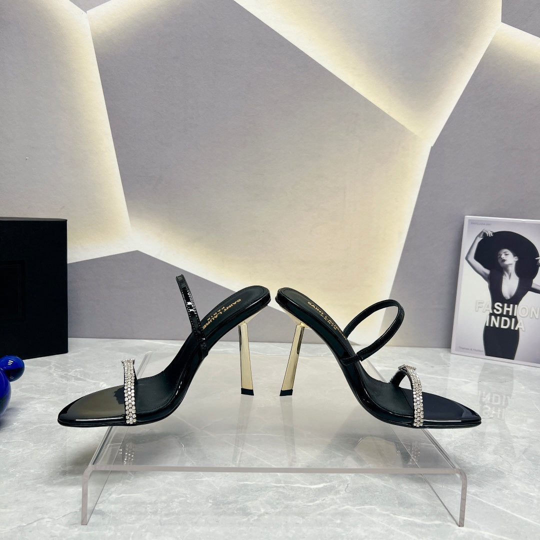 SL CRYSTAL THIN BELT HIGH HEELS BLACK CALFSKIN