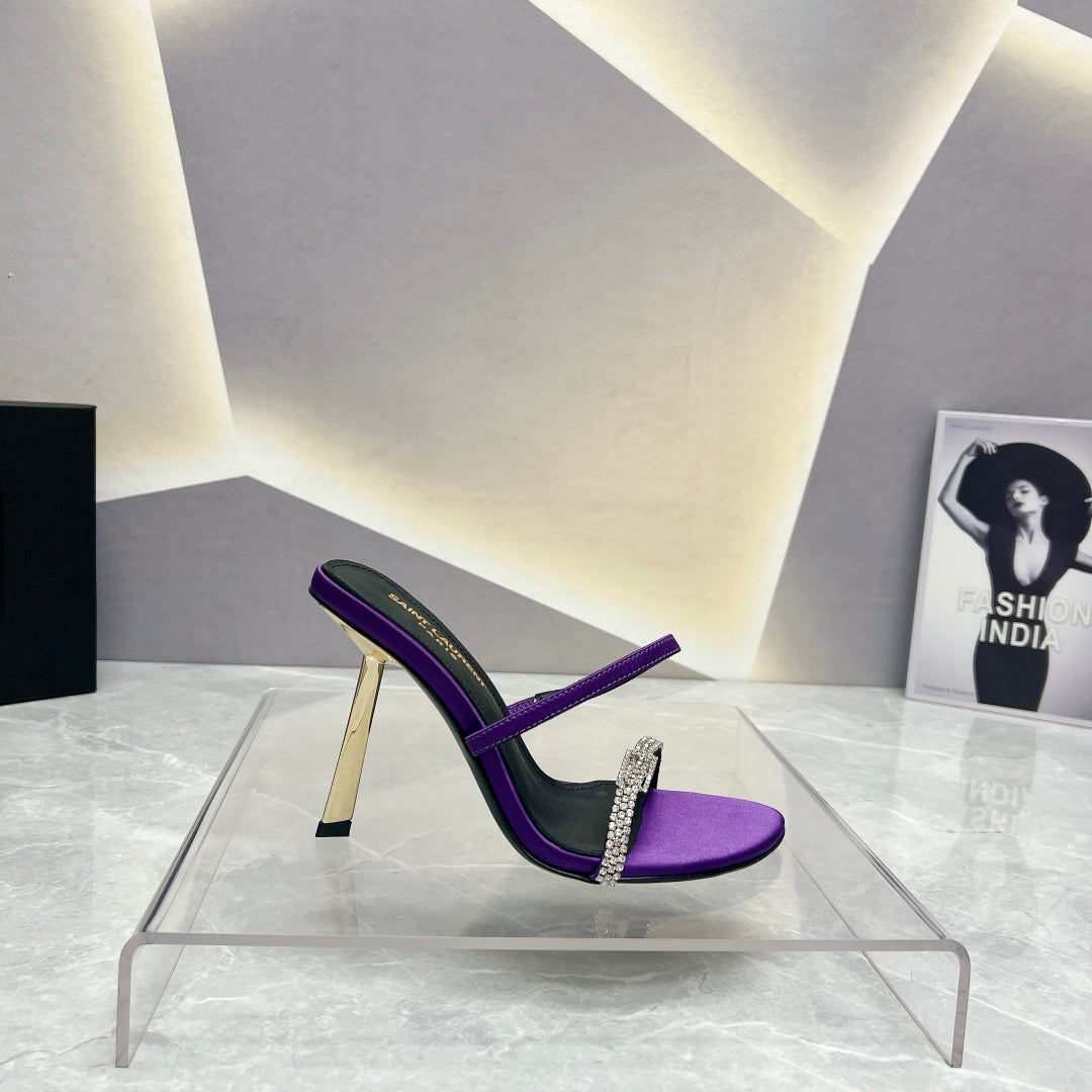 SL CRYSTAL THIN BELT HIGH HEELS VIOLET SATIN