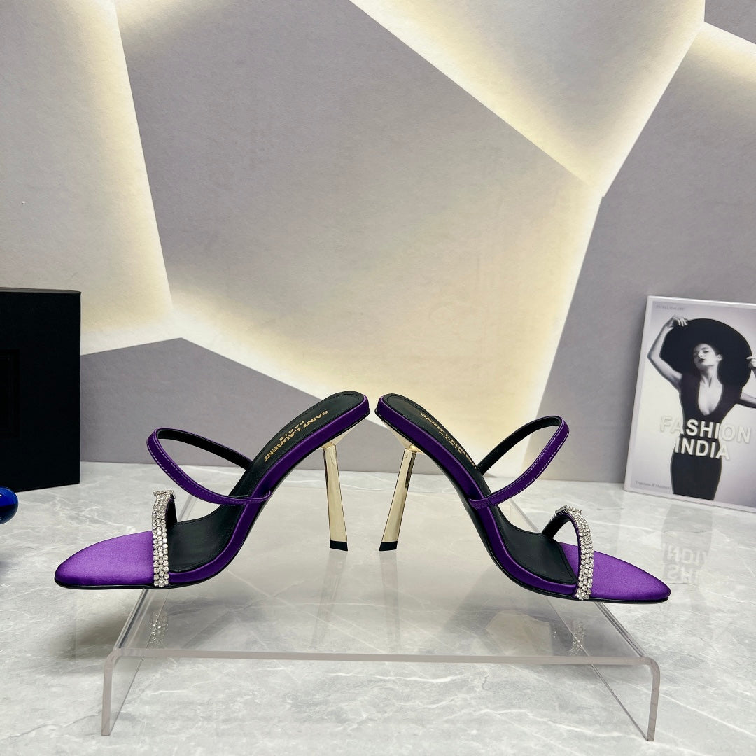 SL CRYSTAL THIN BELT HIGH HEELS VIOLET SATIN