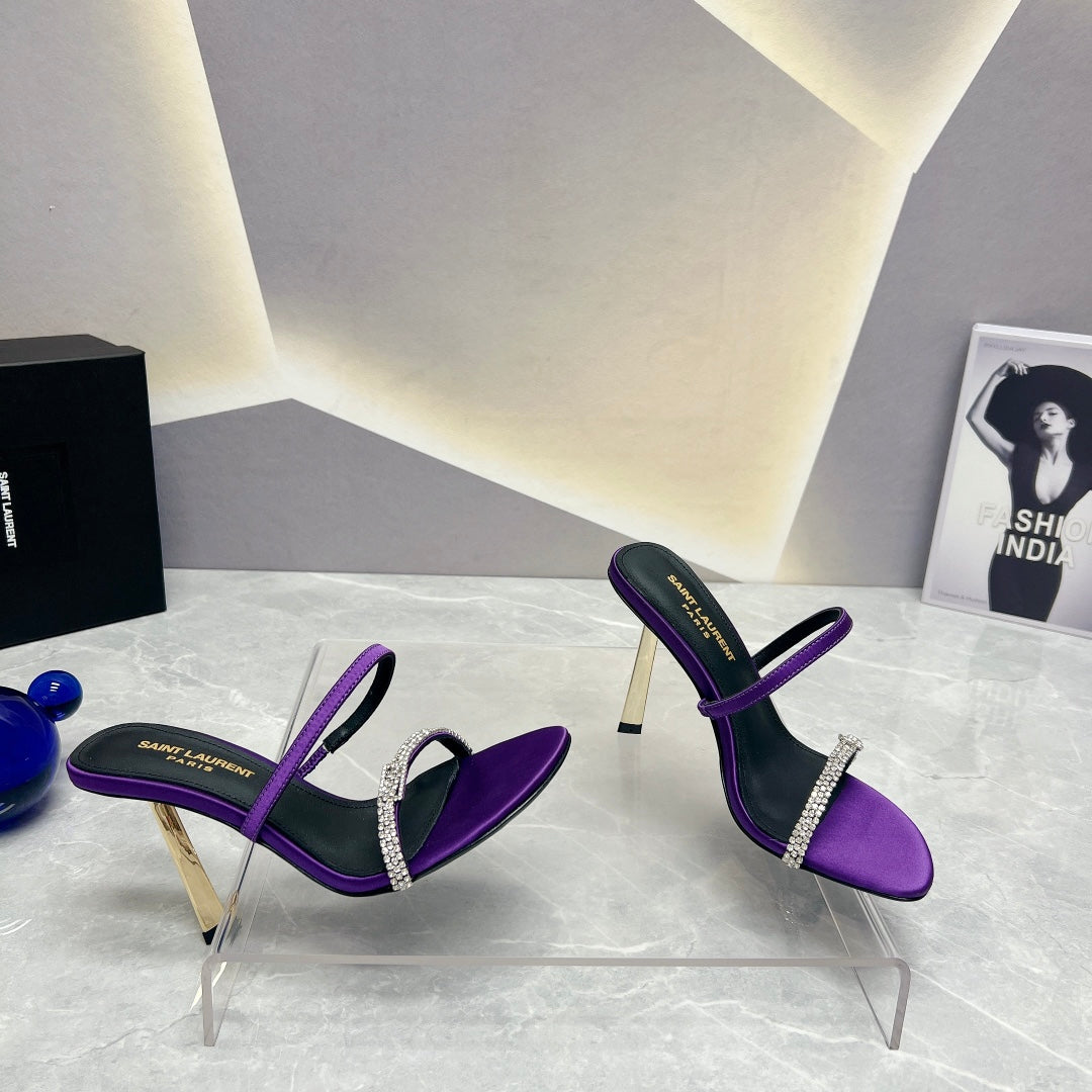 SL CRYSTAL THIN BELT HIGH HEELS VIOLET SATIN