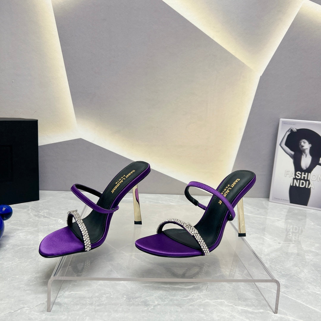 SL CRYSTAL THIN BELT HIGH HEELS VIOLET SATIN