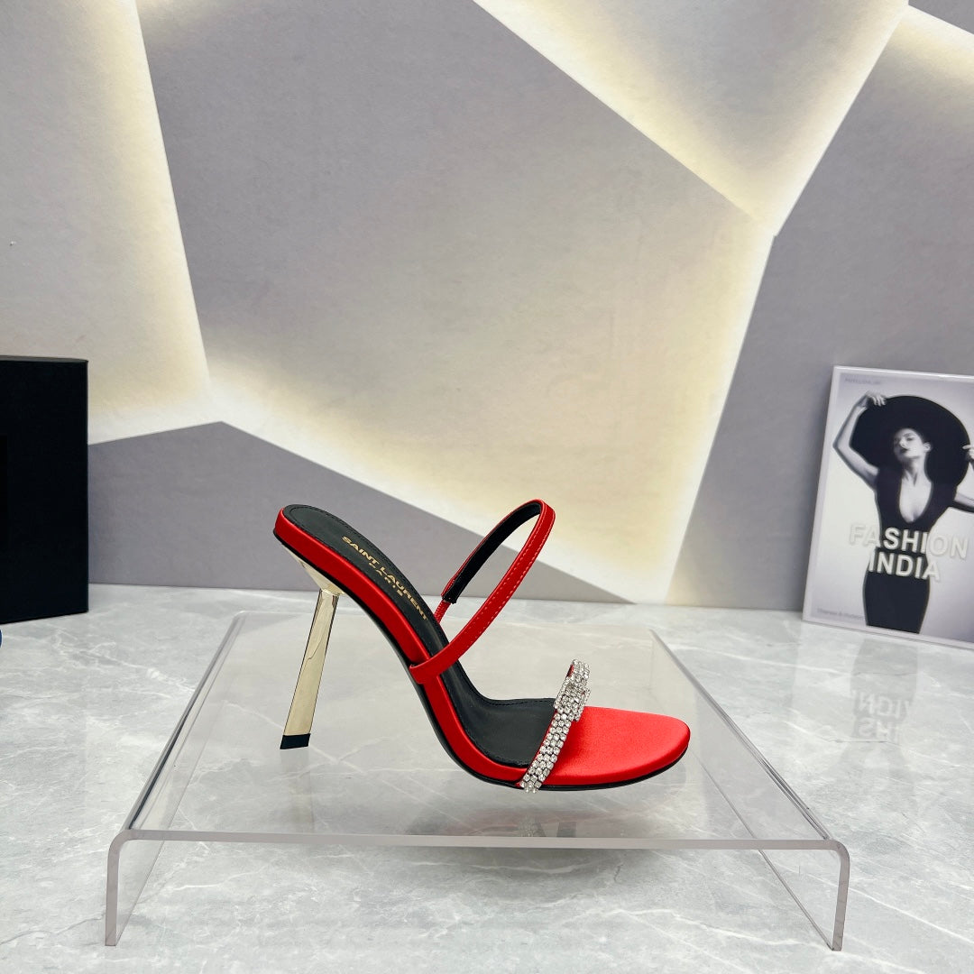 SL CRYSTAL THIN BELT HIGH HEELS RED SATIN