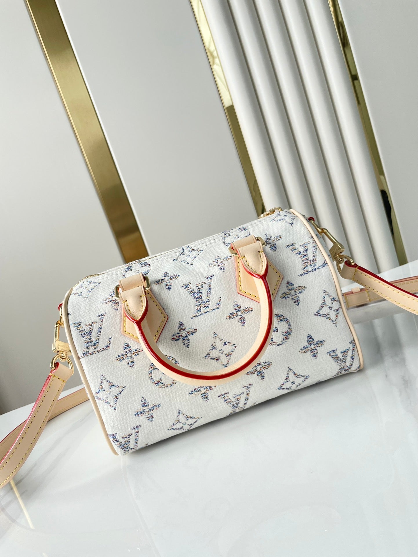 SPEEDY BANDOULIÈRE 20 IN WHITE MONOGRAM JACQUARD FABRIC AND BEIGE CALFSKIN TRIM