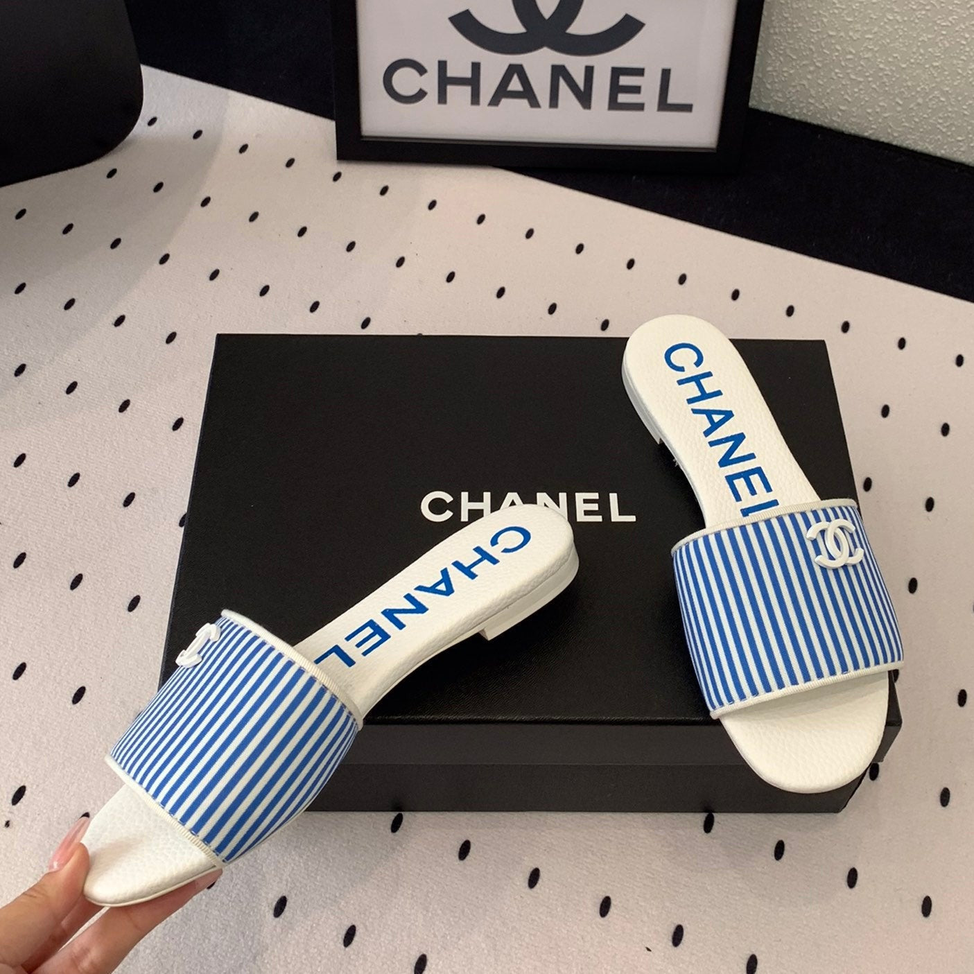 mule sandal striped blue white